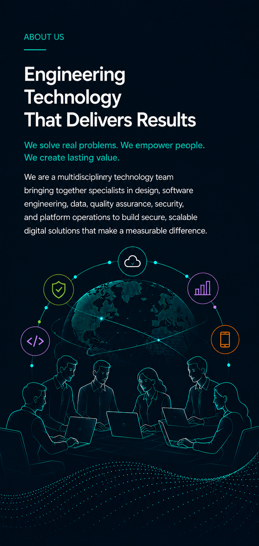 Illustration of a diverse team of six people working on laptops, with a digital globe and icons representing cloud computing, security, code, data, mobile devices, and analytics in the background.