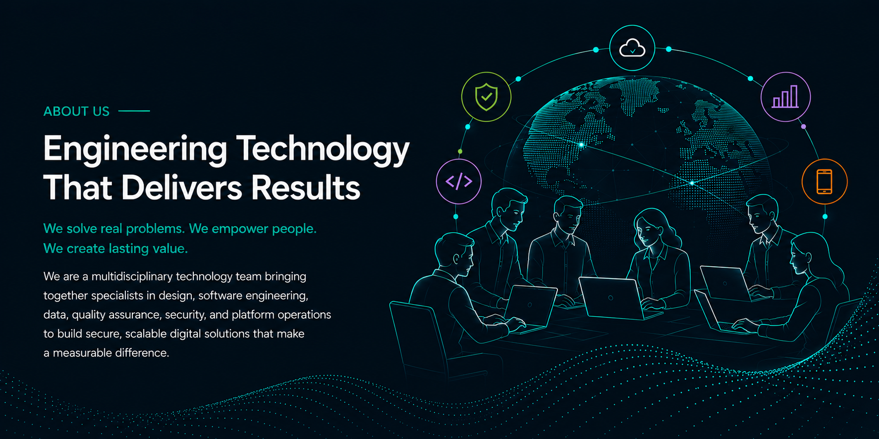 Digital illustration of a diverse team of people working on laptops at a conference table, with a globe and digital icons representing cloud storage, security, coding, analytics, and mobile devices in the background.