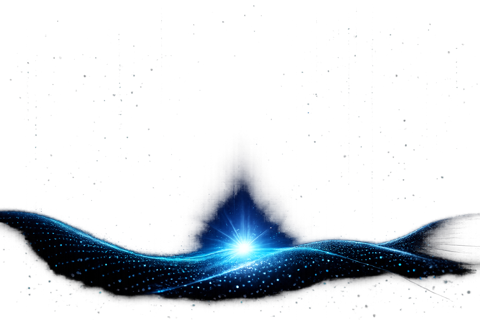 A digital representation of a glowing blue light source on a dark background with flowing wave-like patterns and scattered points of light, resembling a futuristic or technological scene.