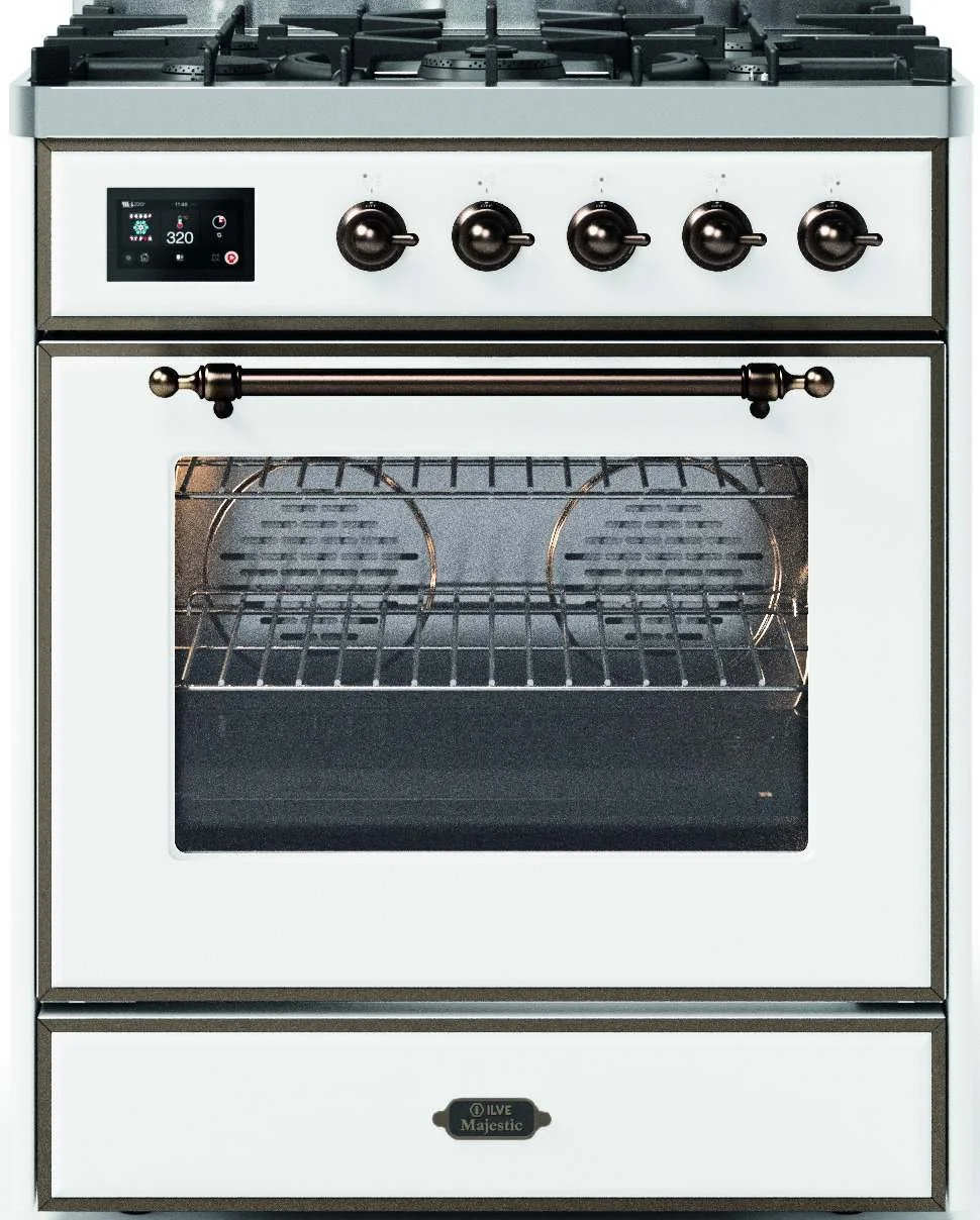 Rangecooker Ilve Majestiv in Weiß mit Bronze und Kochfeld mit Gas.