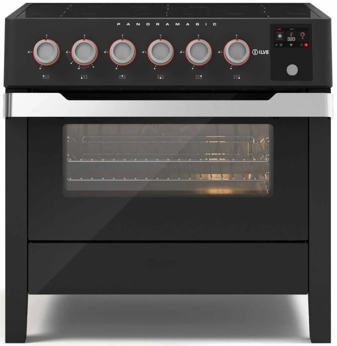 Moderner schwarzer Herd mit Induktion von Ilve, Modell Panoramic, Breite 90 cm