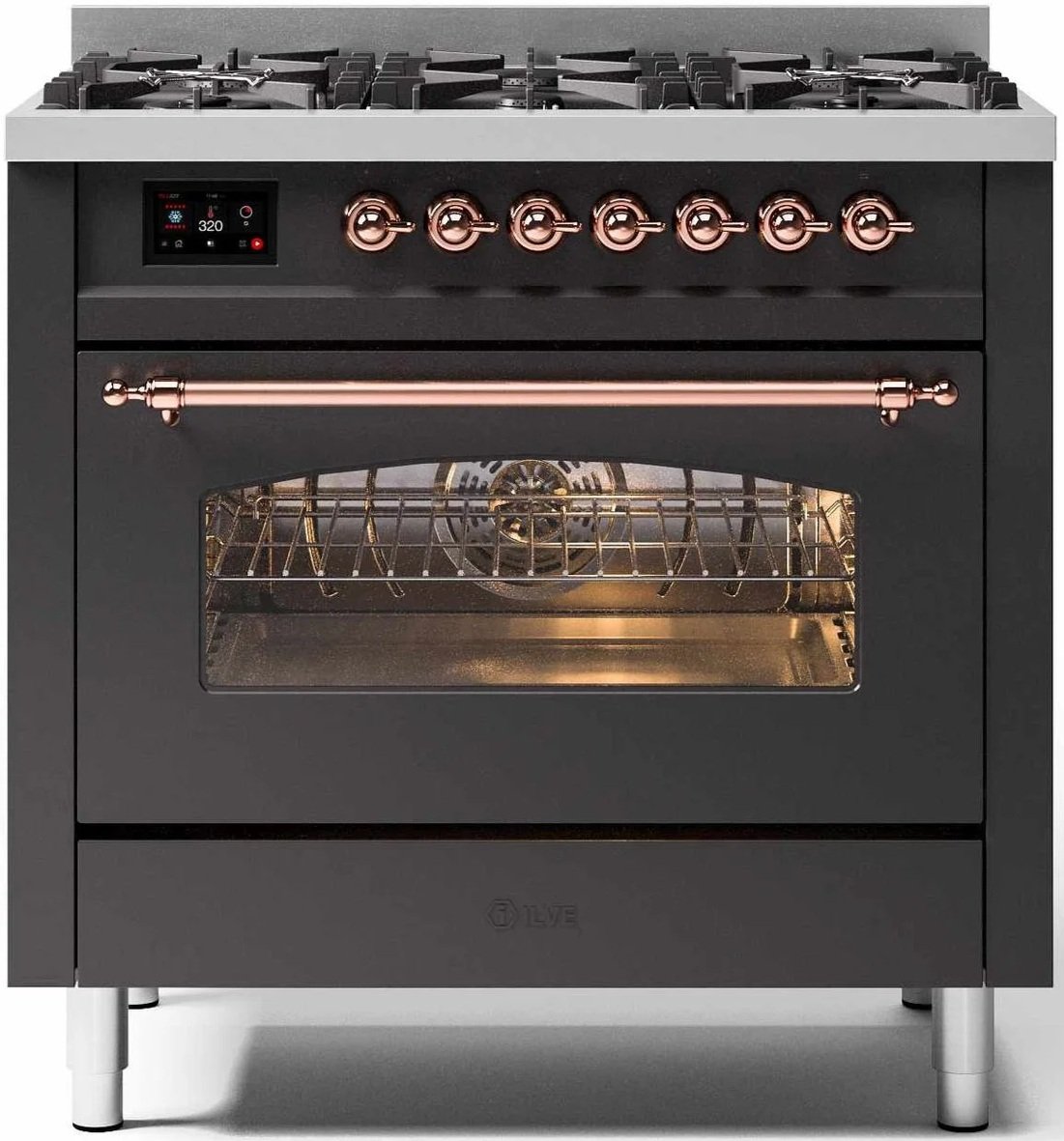 Moderne Gasherd mit digitalem Display, Gaskochfeld, Backofen mit Pyrolyse, 91 cm breit, Ilve Nostalgie.