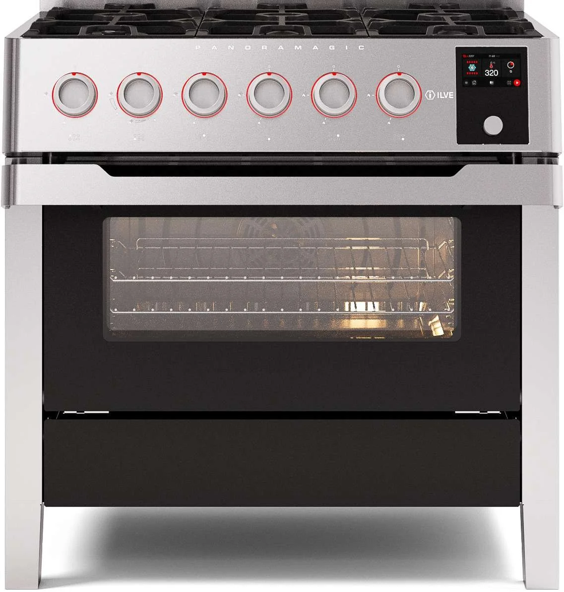 Moderner Gasherd Ilve Panoramic 90 cm breit, Edelstahl und Schwarz, ein Backofen