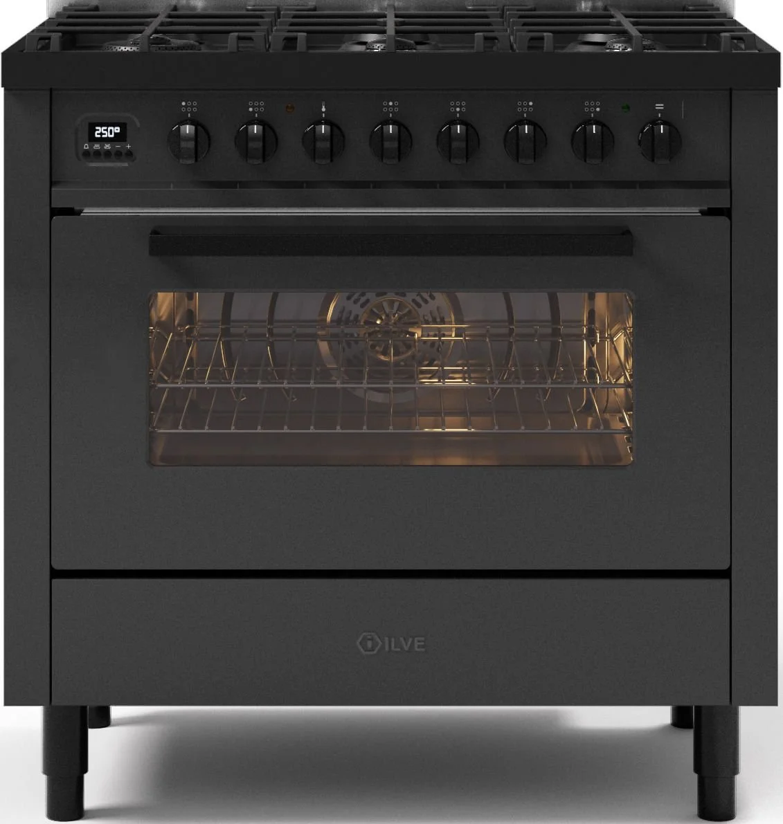 Ilve Pro Line Herd in der All Black Edition, mit sechs Gaskochfeldern und einem Ofen