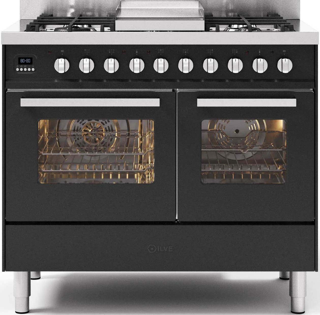 Rangecooker Ilve Pro Line 100 cm breit, Schwarz mit Edelstahl, Gaskochfeld mit Fry Top