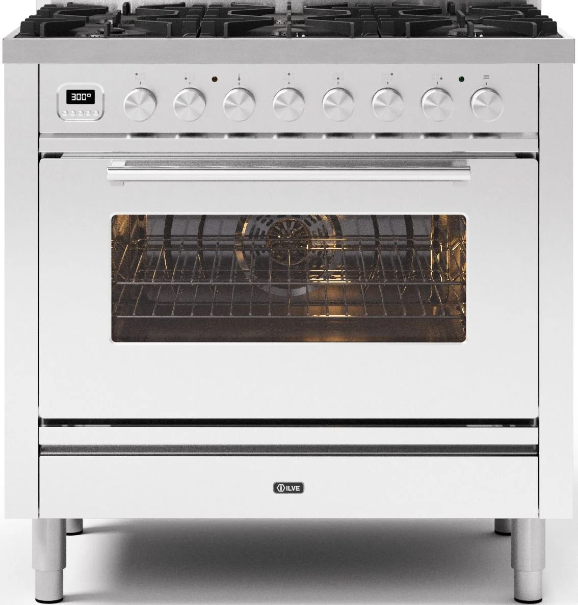 Ein moderner Standherd im Edelstahl Design, Hersteller Ilve, Modell Professional Plus, 90 cm breit, 1 Ofen