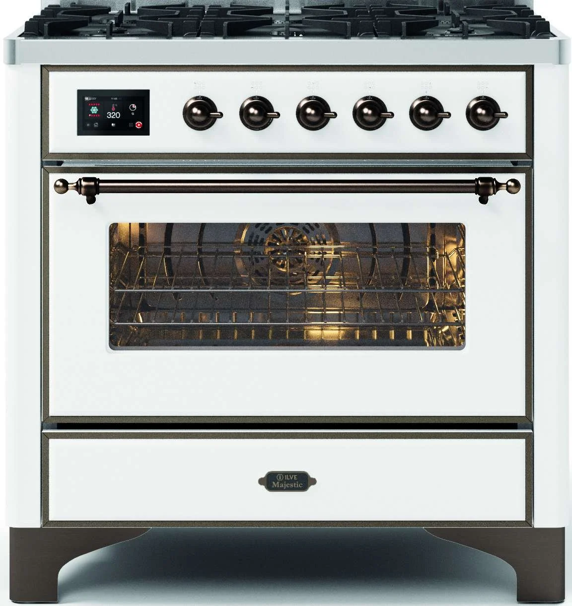 Ilve Majestic 90 cm breit, auf Standfüßen, Gaskochfeld mit sechs Kochzonen, Griffstange in Bronze.