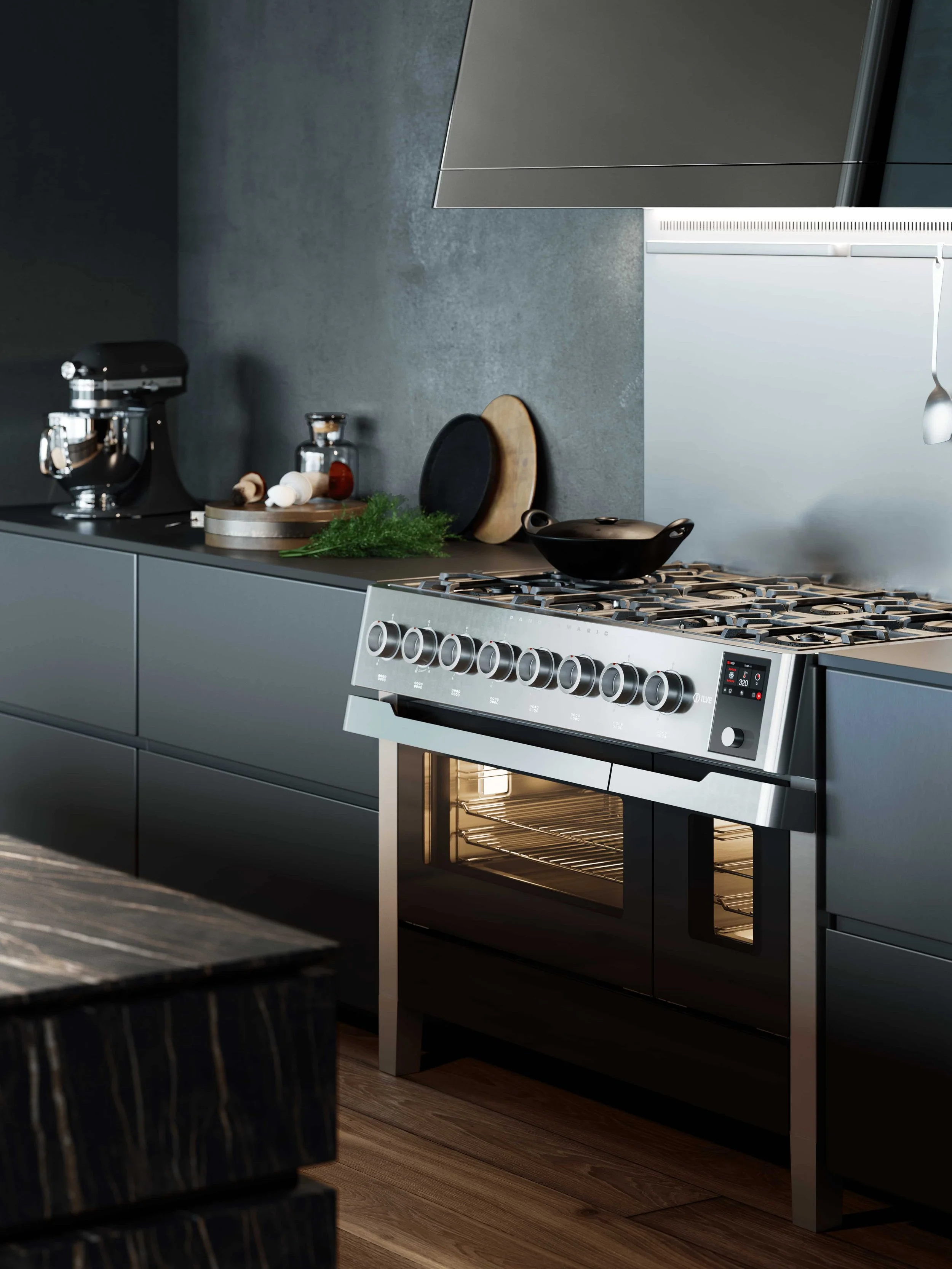 Ilve Panoramic Rangecooker in einer modernen schwarzen Küche, mit Gaskochfeld