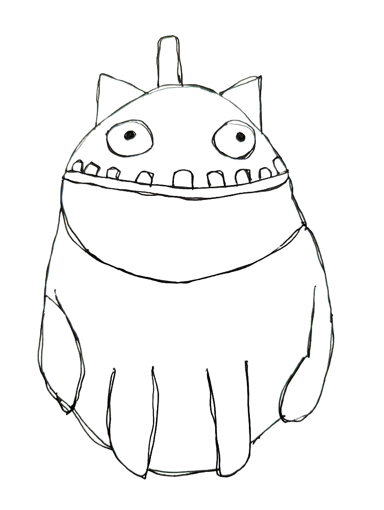 Black and white line drawing of a cartoon monster with large eyes, pointy ears, and a wide mouth with teeth, standing against a black background.