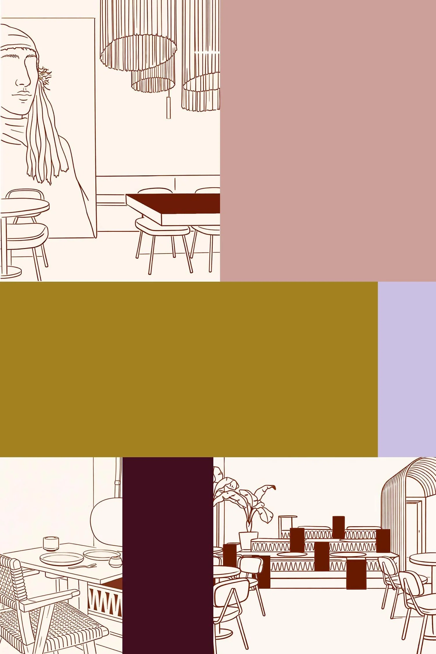 Line drawing of a modern restaurant interior with tables, chairs, and decorative lighting, alongside a partial portrait of a woman with long hair