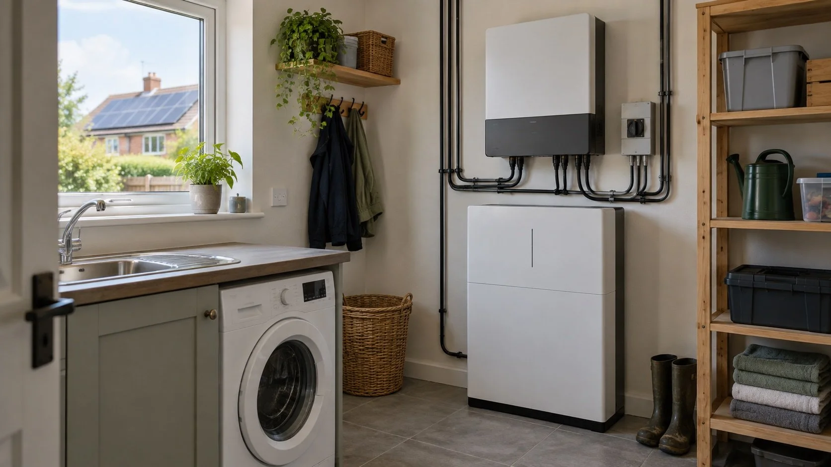 Illustration of a home battery system in a utility room with solar panels visible outside