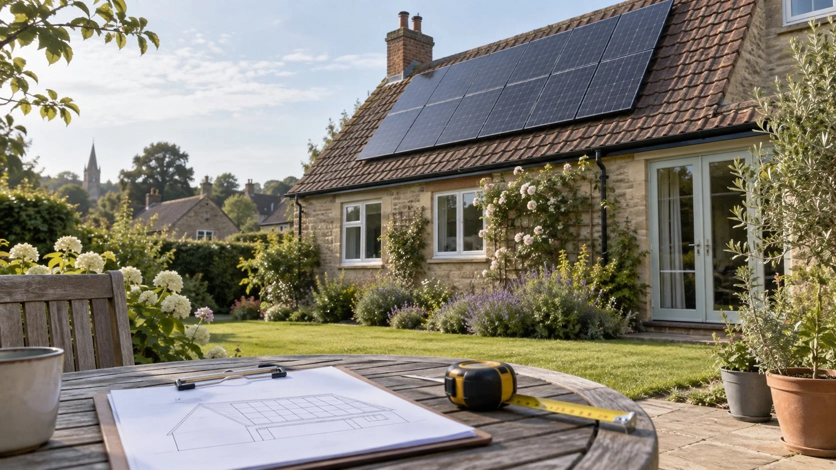Illustrative British home with rooftop solar panels and a roof survey plan