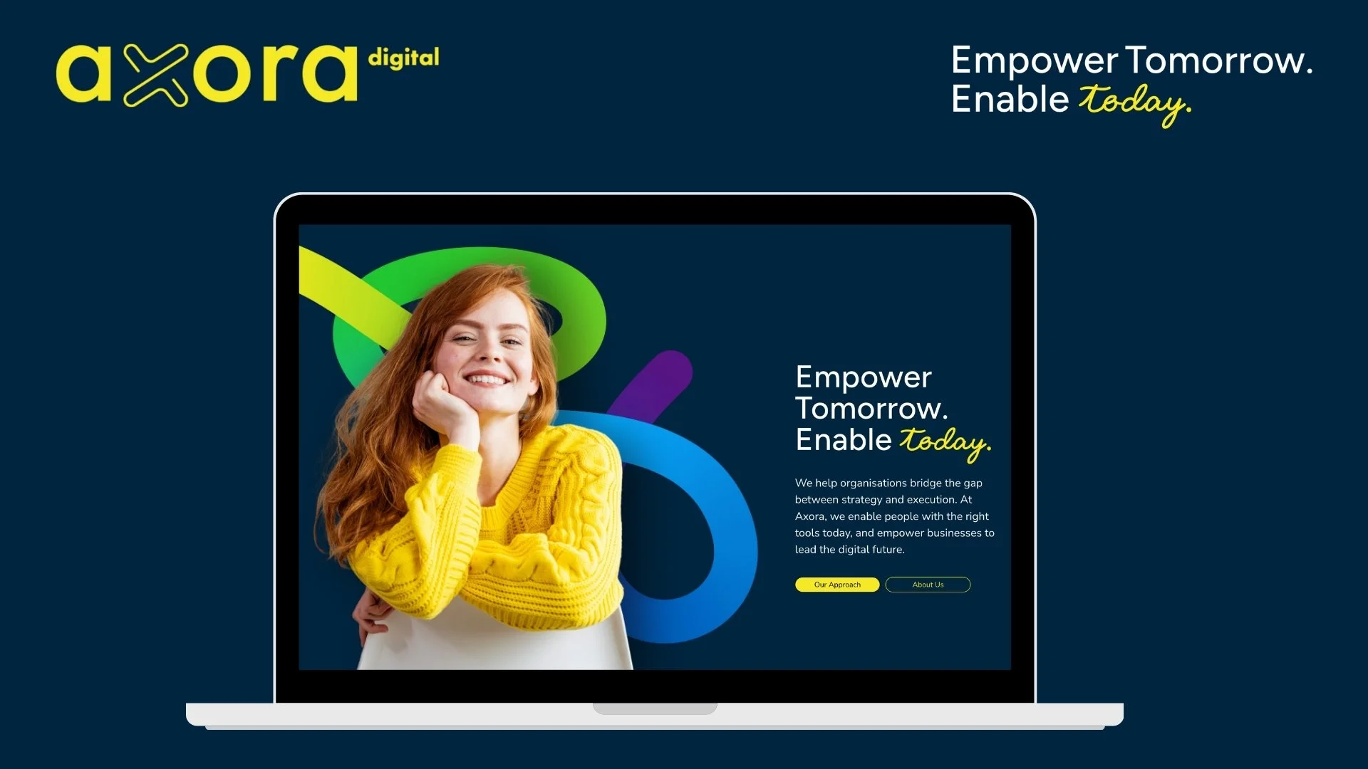 Axora Digital website homepage displayed on a laptop, featuring a smiling woman in a yellow sweater and the tagline “Empower Tomorrow. Enable Today.”