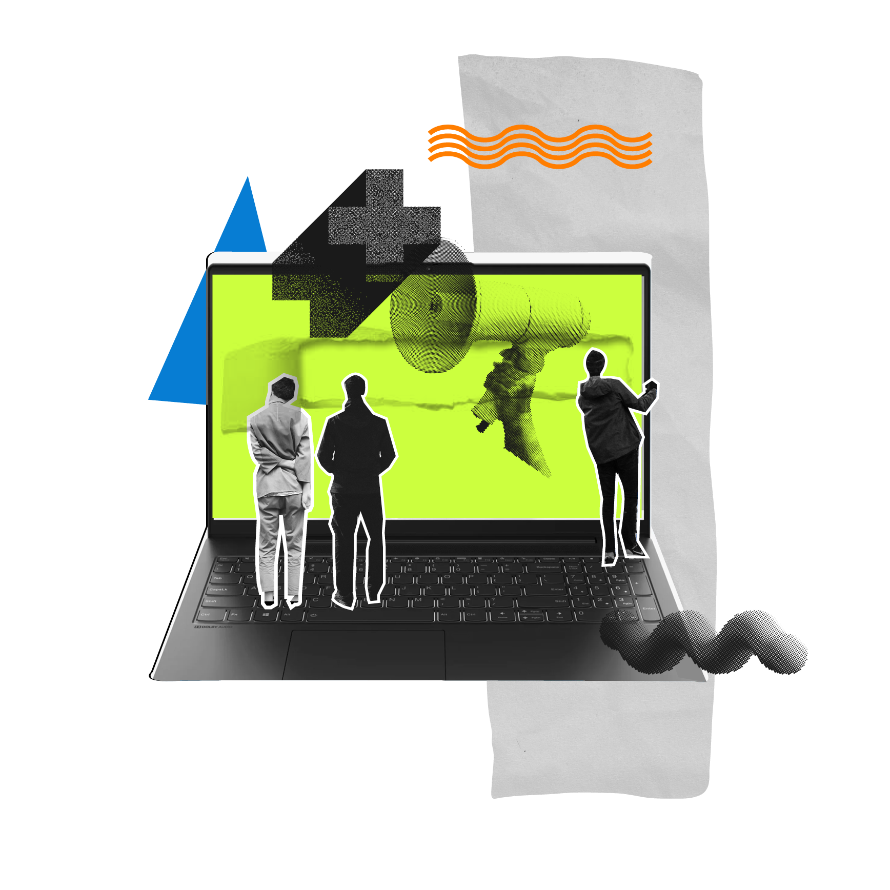 Surreal collage of three people standing on a laptop keyboard, with a megaphone on its bright green screen and abstract orange, blue, and black graphic elements.