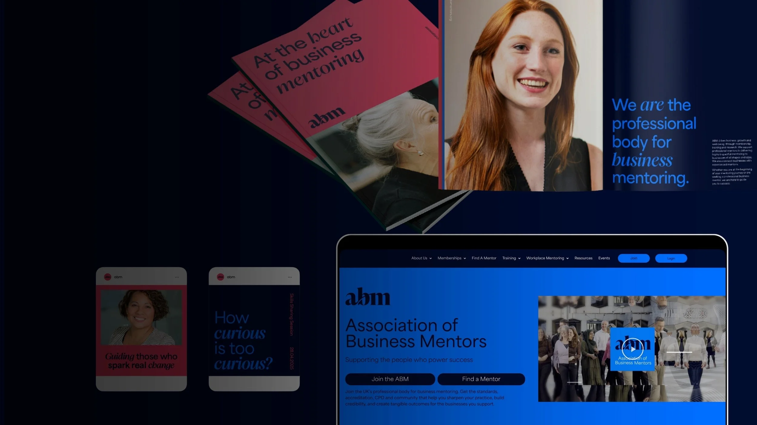 ABM business mentoring website design collage featuring mentor portraits, social media graphics, brochures, and a laptop homepage mockup