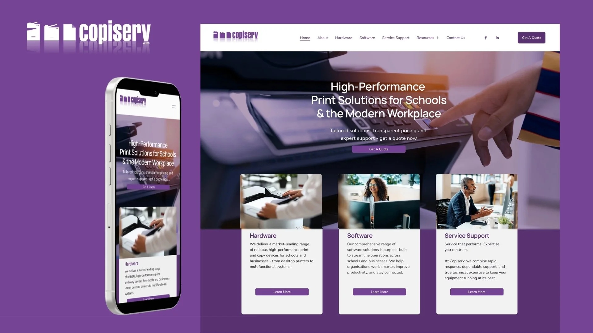 Copiserv print solutions website mockup on desktop and smartphone, featuring hardware, software, and service support for schools and workplaces
