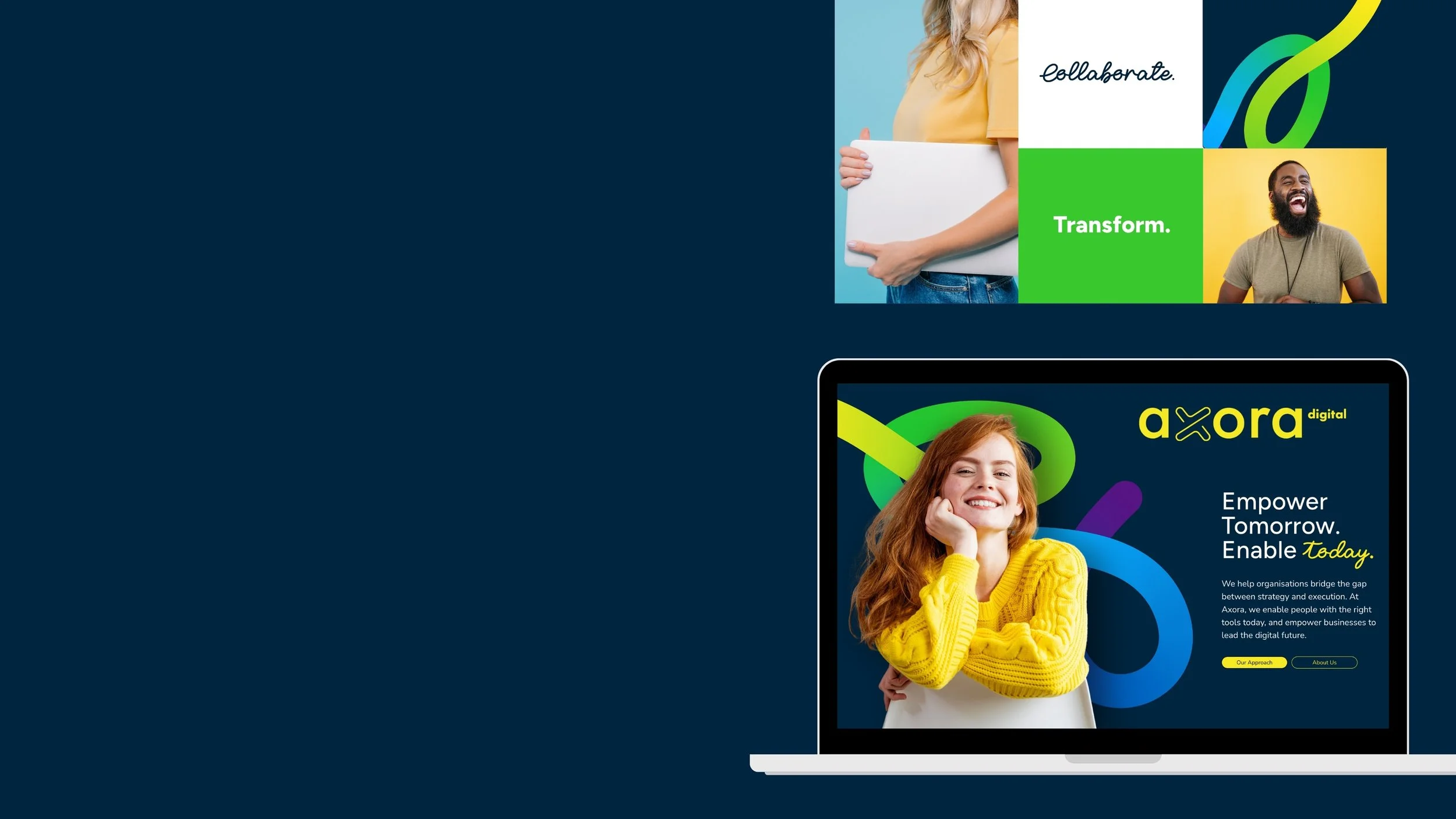Axora Digital branding collage featuring diverse people, colorful abstract graphics, and a laptop displaying the Axora website