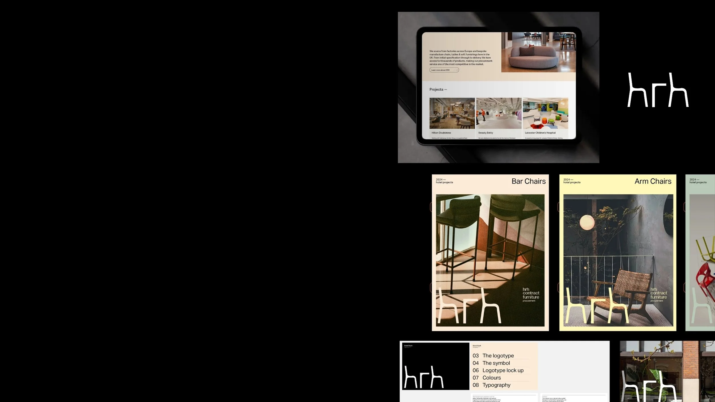 HRH Contract Furniture branding presentation featuring a website mockup, bar chair and armchair project pages, furniture photography, and white chair logo on a black background