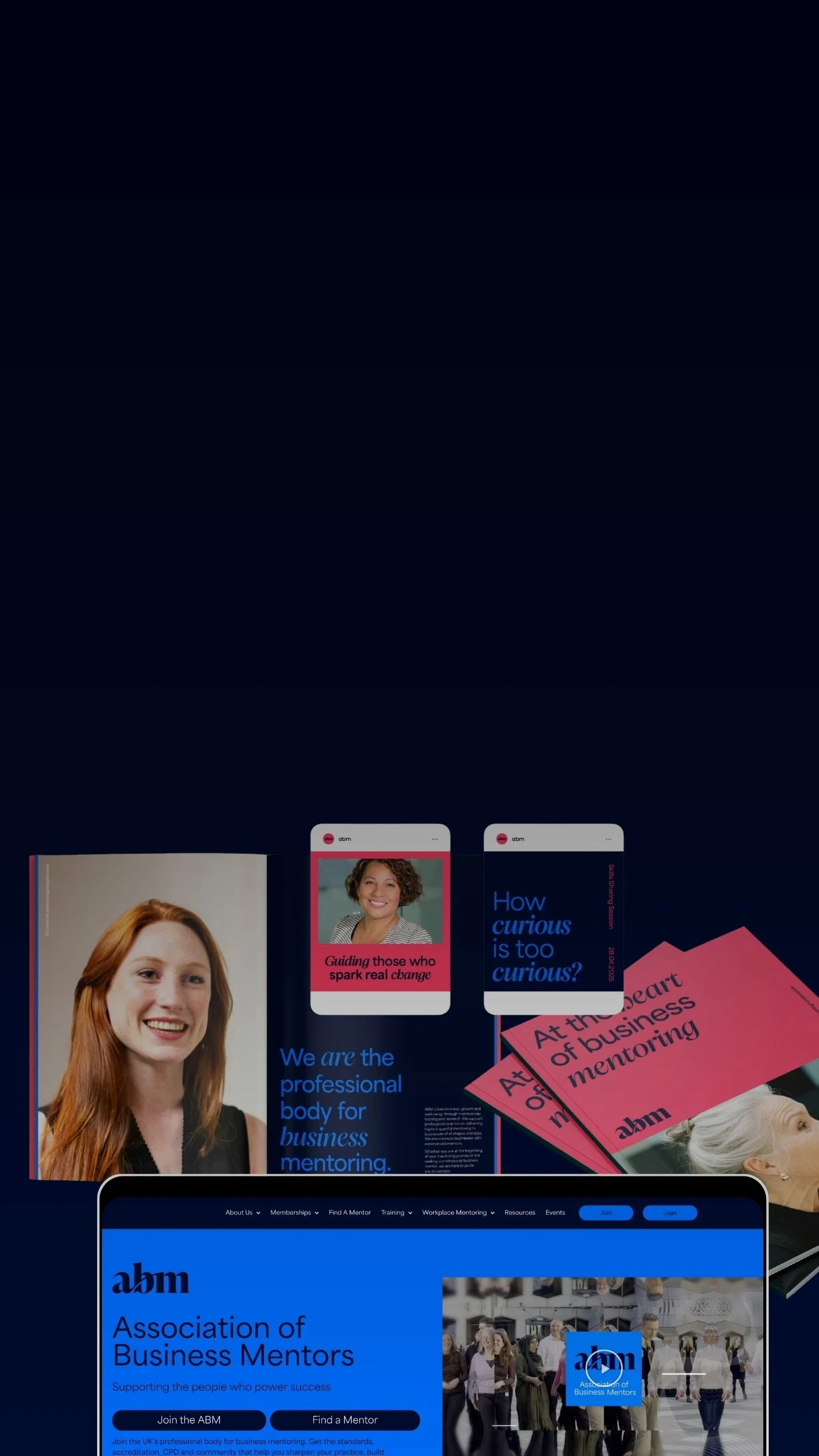 ABM business mentoring website design collage featuring mentor portraits, social media graphics, brochures, and a laptop homepage mockup