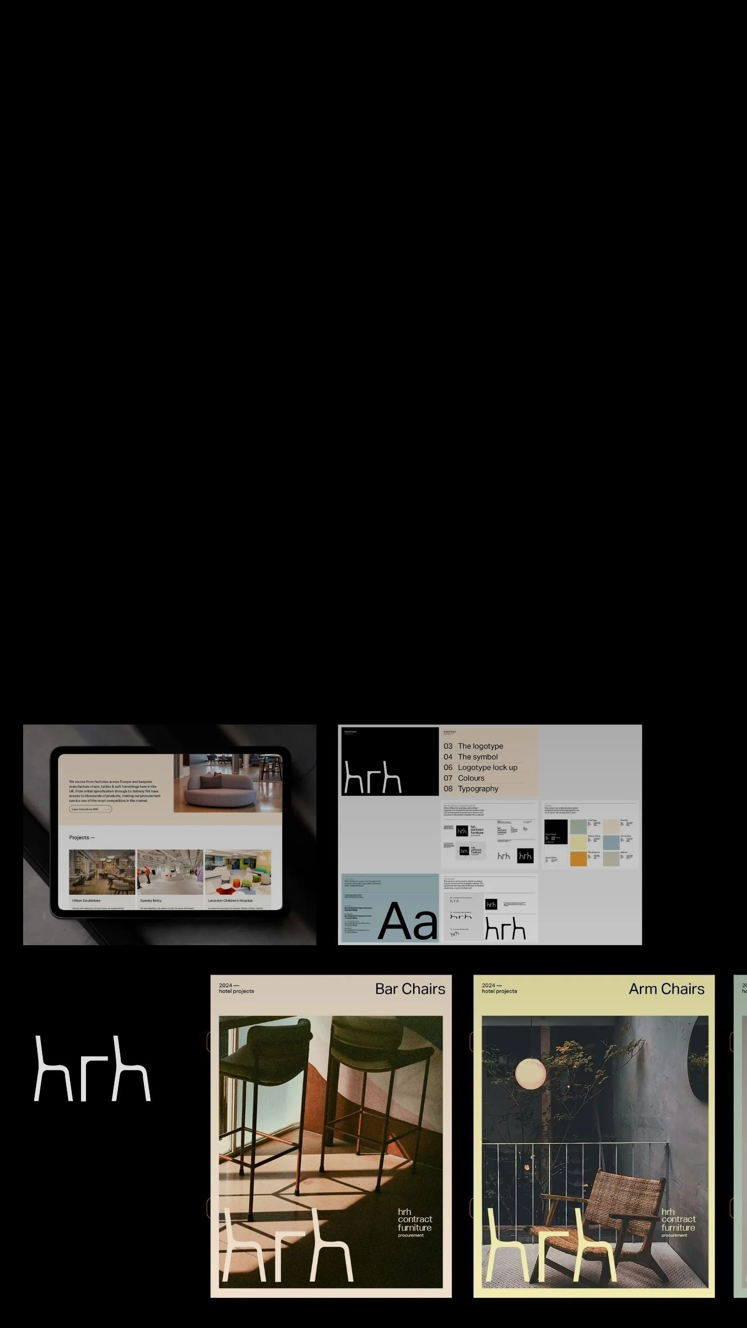 HRH Contract Furniture branding presentation featuring a website mockup, bar chair and armchair project pages, furniture photography, and white chair logo on a black background