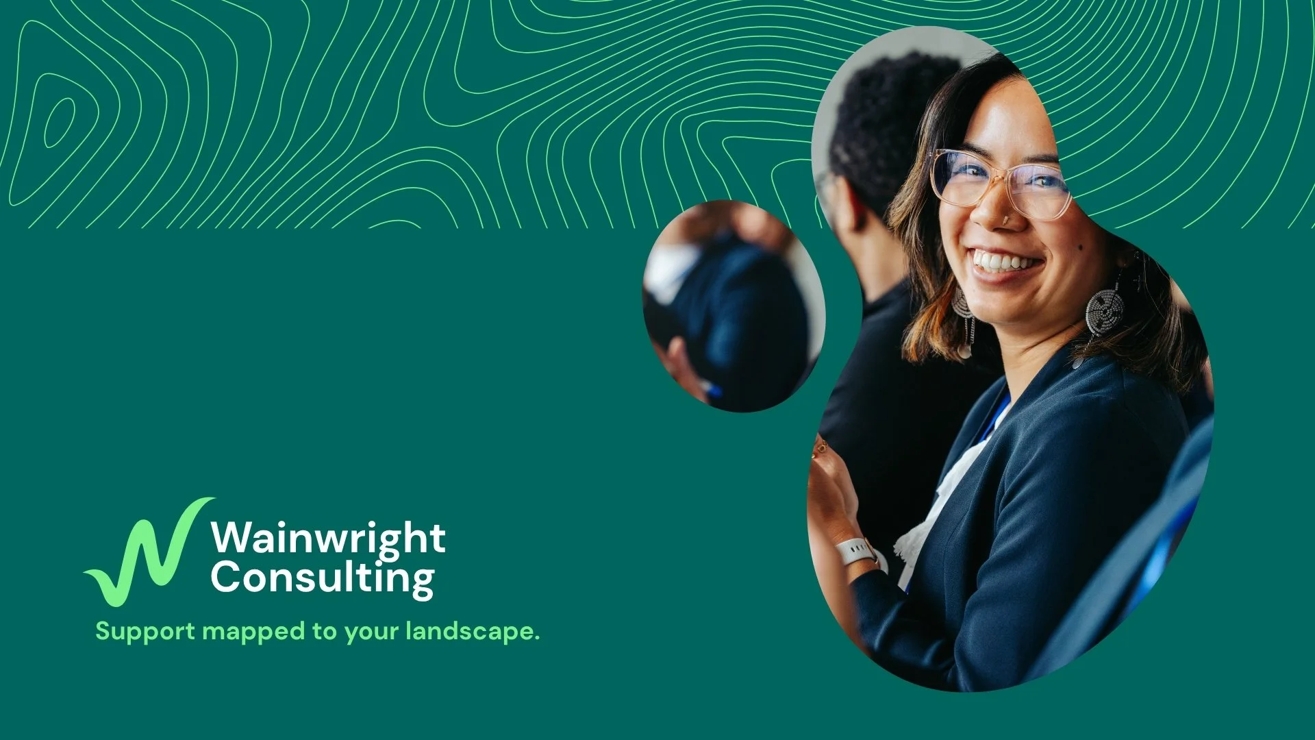 Wainwright Consulting branded banner featuring a smiling woman in glasses and business attire, with abstract contour lines and the tagline “Support mapped to your landscape.”