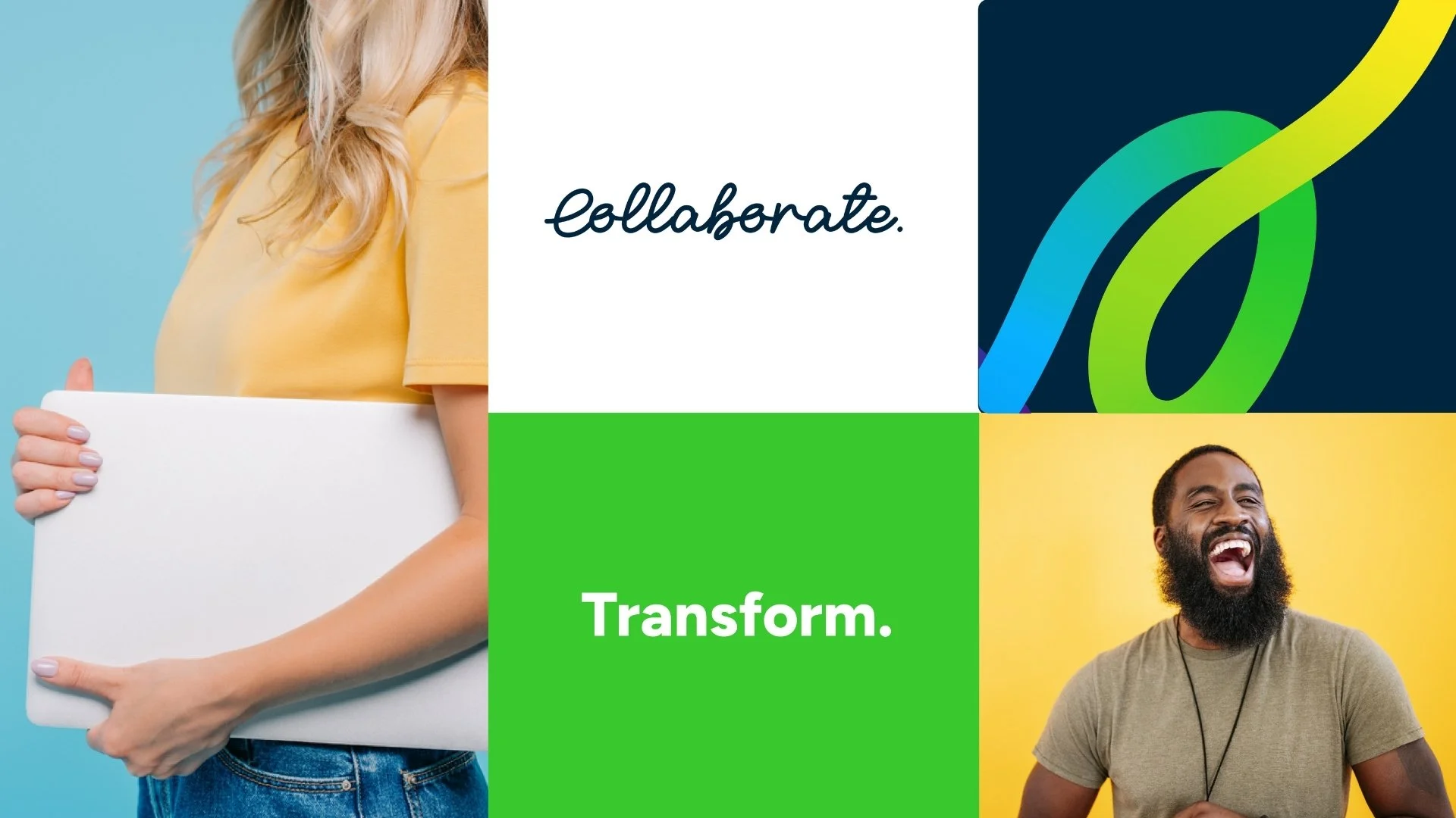 Collage featuring a woman holding a laptop, colorful abstract loops, the words “Collaborate” and “Transform,” and a laughing man.