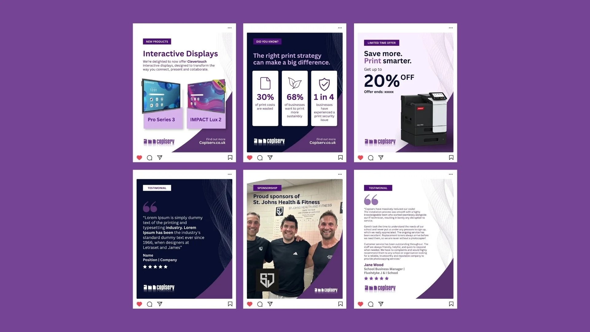 Six Copiserv social media post designs arranged in a two-by-three grid, featuring interactive displays, printing statistics, a printer promotion, testimonials, and a sports sponsorship.