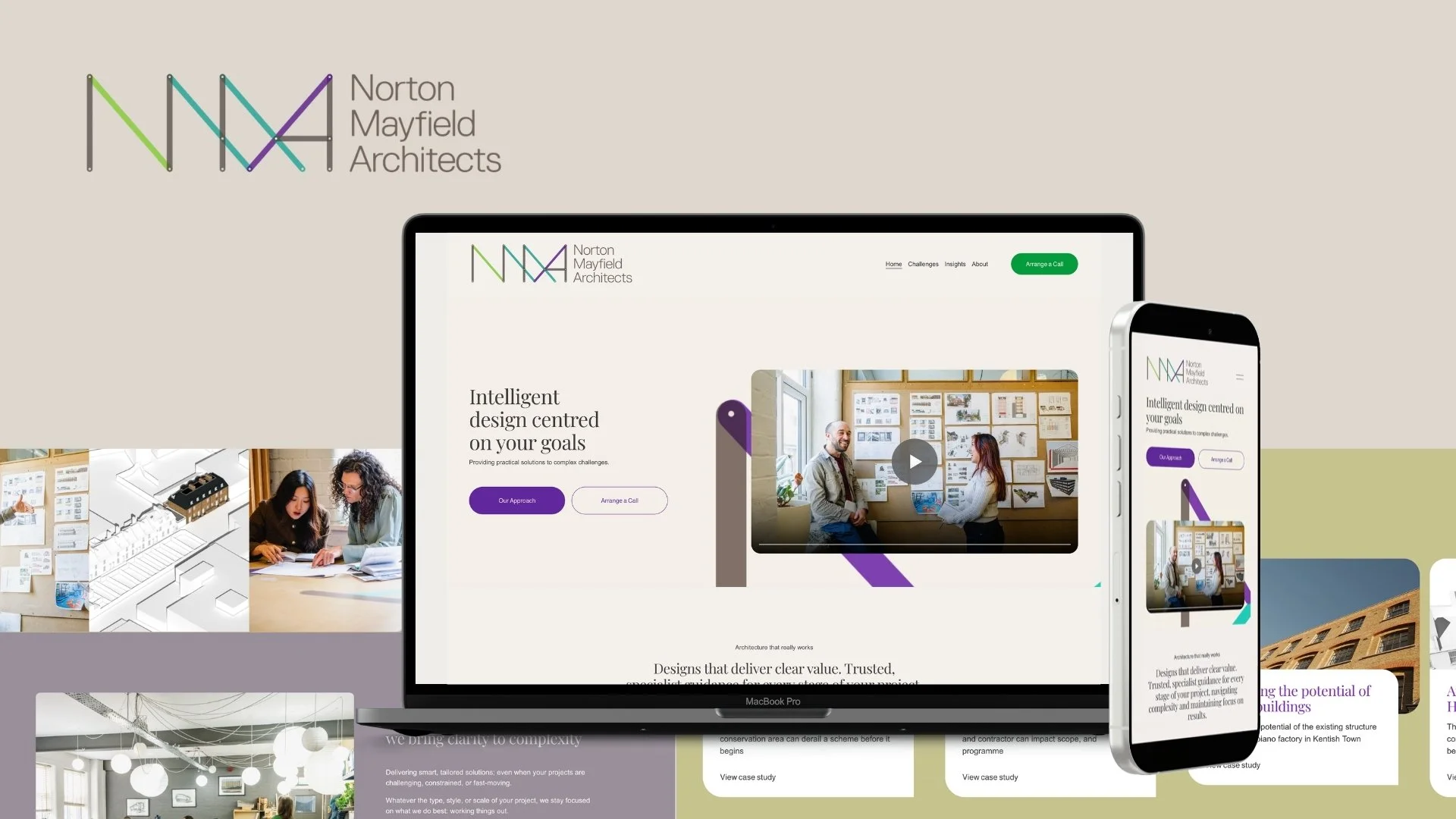 Norton Mayfield Architects website displayed on a laptop and smartphone, surrounded by architectural project imagery