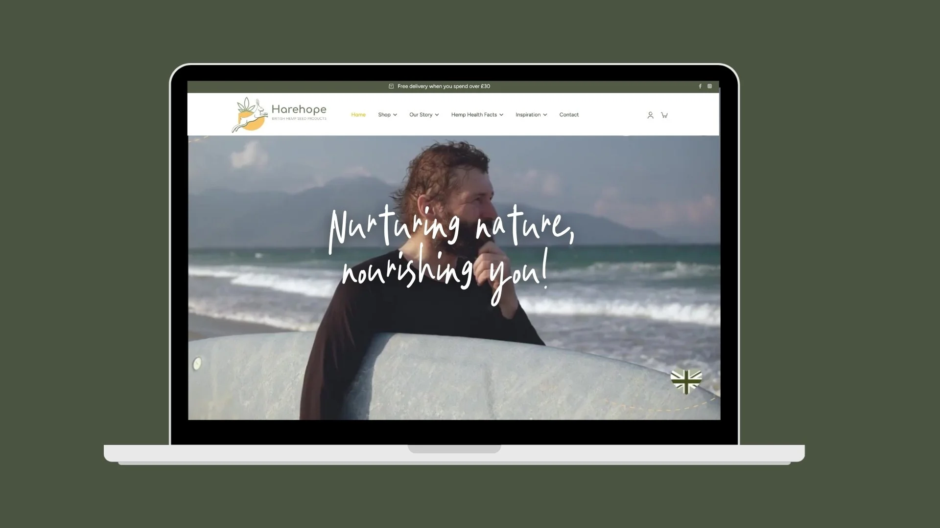 Harehope hemp seed products website displayed on a laptop with a surfer at the beach and the slogan “Nurturing nature, nourishing you.”