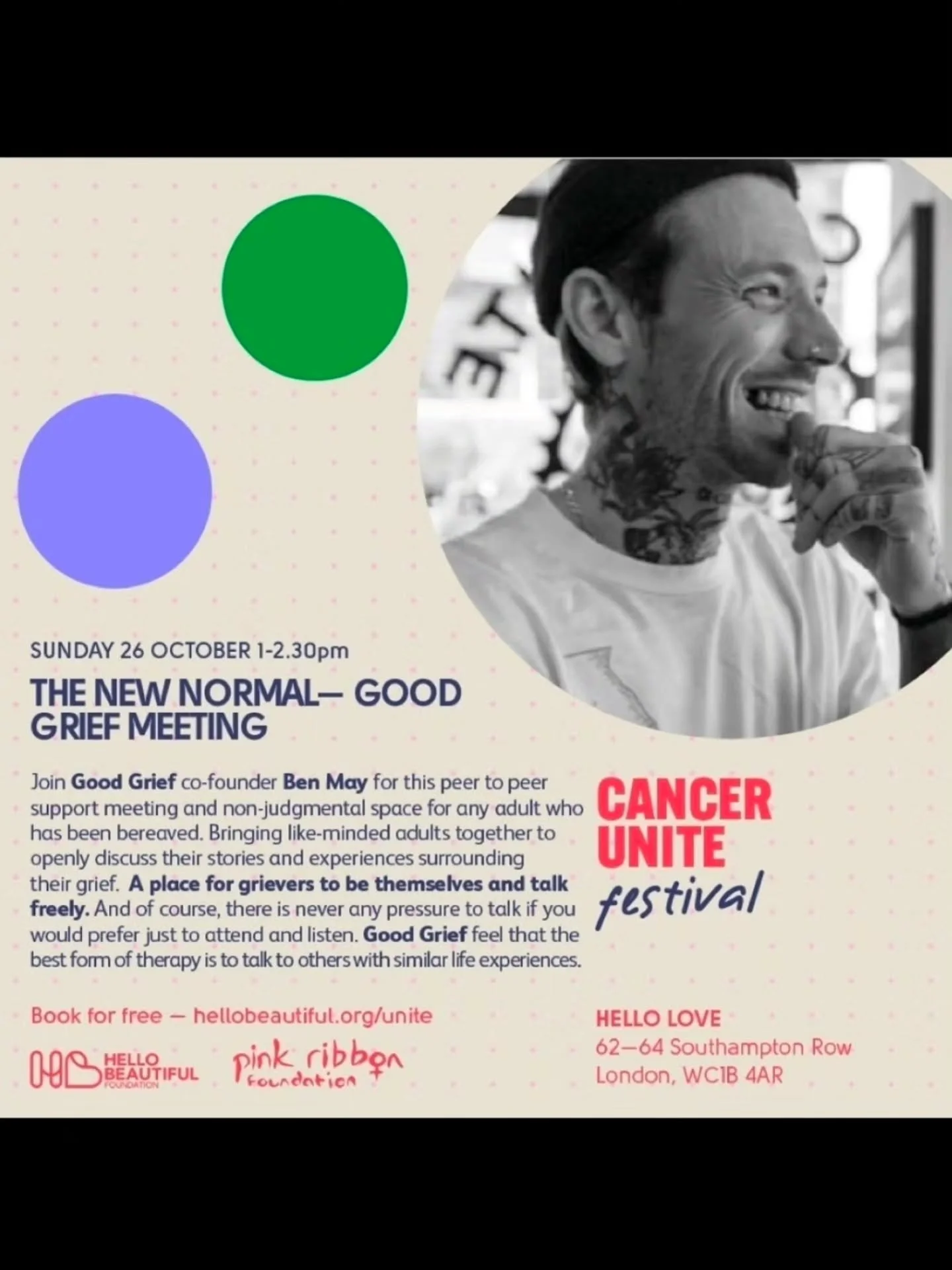 TNN co-founder, Benjamin May, will be hosting a special Good Grief meeting in collaboration with @hbcanceruk.

Taking place on Sunday 26th October, 1pm UK, this session is part of the Cancer Unite Festival.

Good Grief is our original peer support me