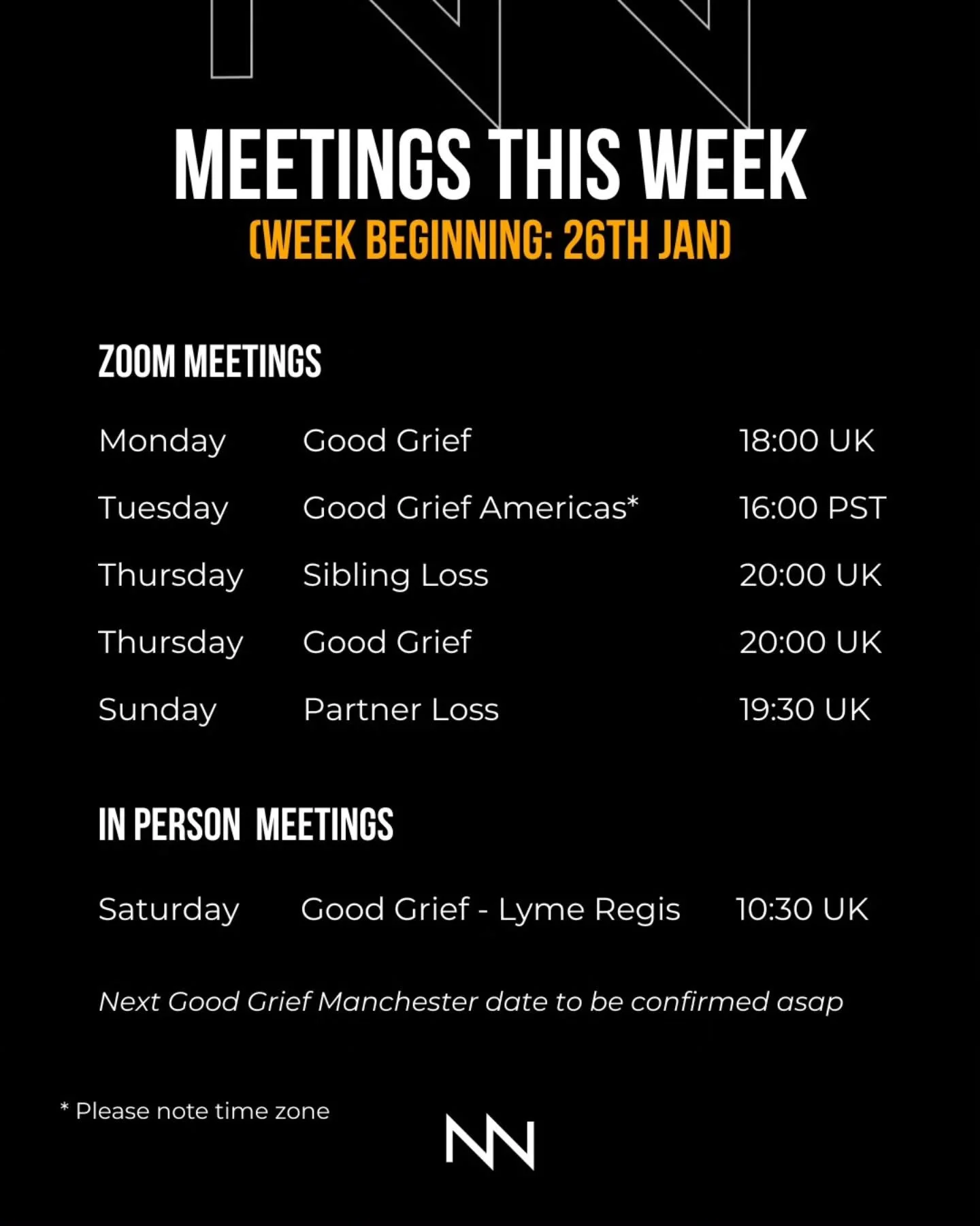 Here are our meetings for the coming week, commencing 26th January. 🫂

Our first Good Grief Lyme Regis takes place on Saturday morning at The Hub!

Our peer support meetings are completely free to join and there are no waiting lists.

We have meetin