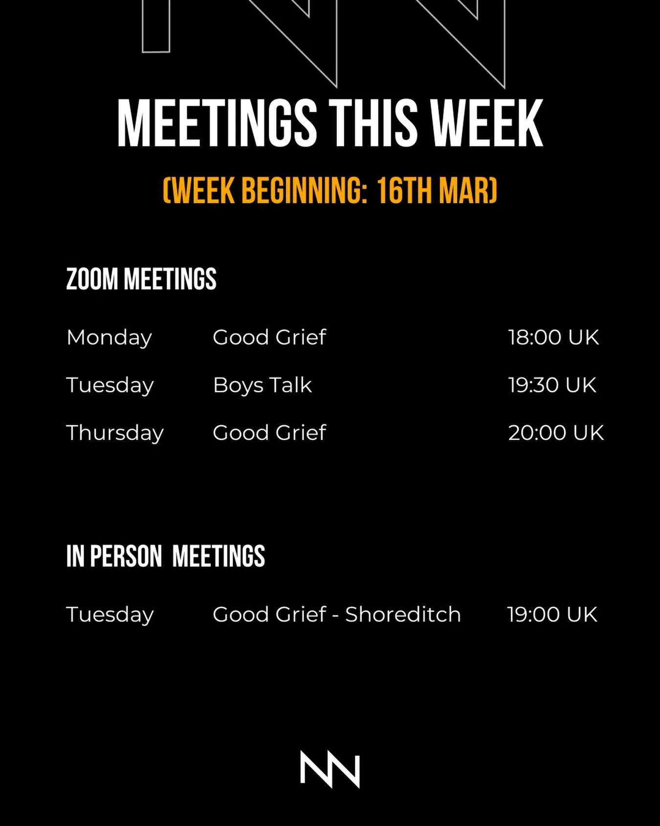 Here are our meetings for the coming week, commencing 16th March. 💻

Our peer support meetings are completely free to join and there are no waiting lists.

We have meetings for a diverse range of grief and mental health experiences, communities and 
