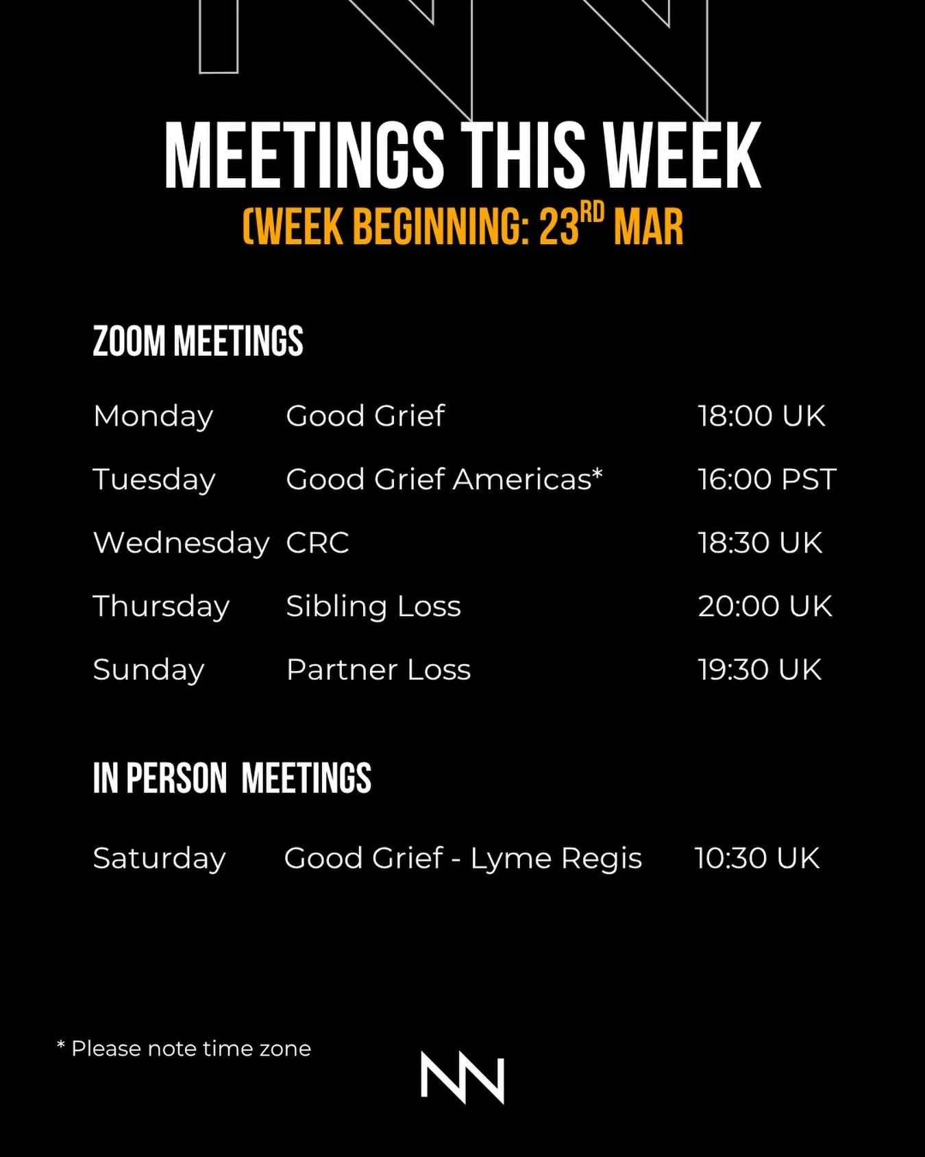 Here are our meetings for the coming week, commencing 23rd March. 💻

Our peer support meetings are completely free to join and there are no waiting lists.

We have meetings for a diverse range of grief and mental health experiences, communities and 