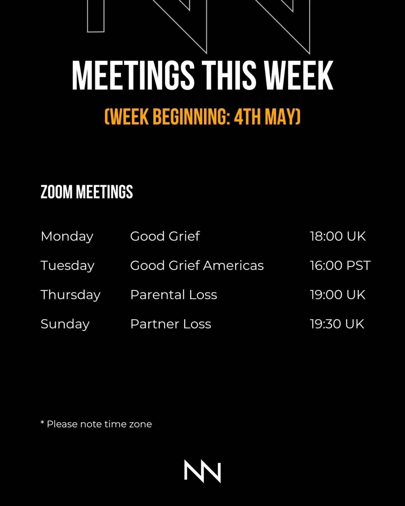 Here are our meetings for the coming week, commencing 4th May. 💻

Our peer support meetings are completely free to join and there are no waiting lists.

We have meetings for a diverse range of grief and mental health experiences, communities and ide