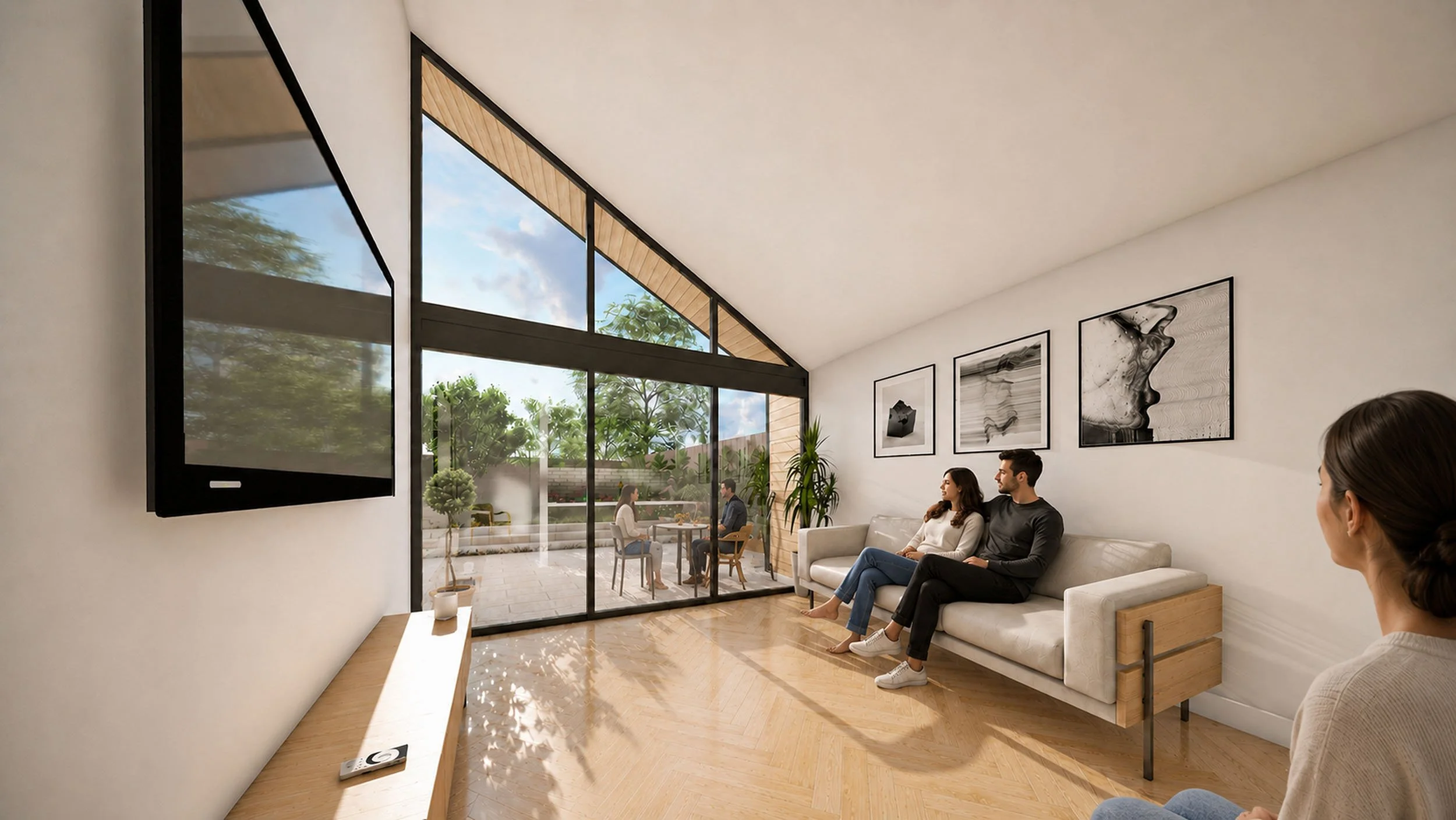 Vaulted ceiling living space with external patio