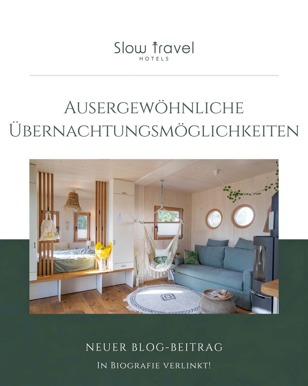 Au&szlig;ergew&ouml;hnlich &uuml;bernachten 🌿✨

Manchmal ist die Unterkunft selbst das sch&ouml;nste Reiseerlebnis. Ein Tiny House mitten in der Natur, eine Cabin unter dem Sternenhimmel oder ein Baumhaus zwischen den Wipfeln, besondere Orte machen 