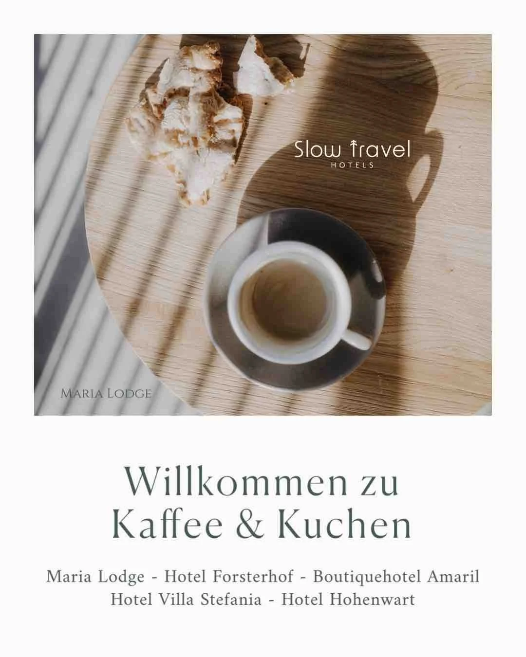 Willkommen zu Kaffee &amp; Kuchen 🍰

Manchmal braucht es nicht viel f&uuml;r einen perfekten Urlaubsmoment: eine Tasse Kaffee, ein St&uuml;ck hausgemachter Kuchen und ganz viel Zeit zum Genie&szlig;en. 🤎

Entdeckt unsere Slow Travel Partner Hotels 