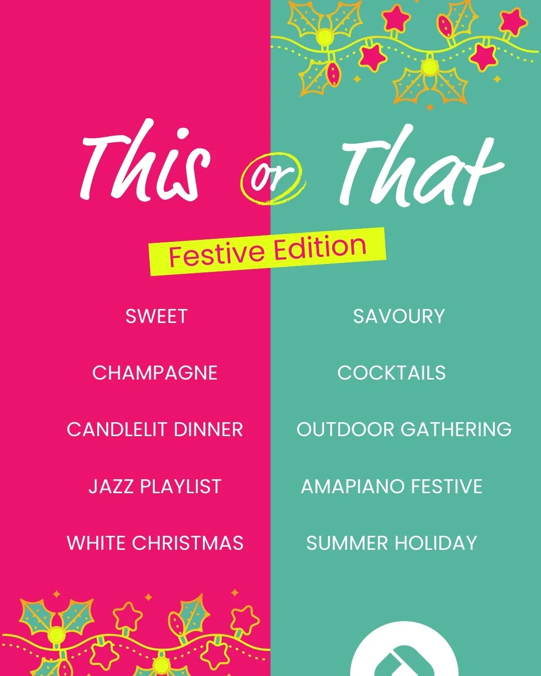 Let&rsquo;s play This or That: Festive Edition 🎄✨

🎅 Sweet or Savoury?
🍾 Champagne or Cocktails?
🕯 Candlelit Dinner or Outdoor Gathering?
🎷 Jazz playlist or Amapiano Festive?
🎁 Classic Christmas or Summer Holiday Vibes?

Tell us your picks &mda