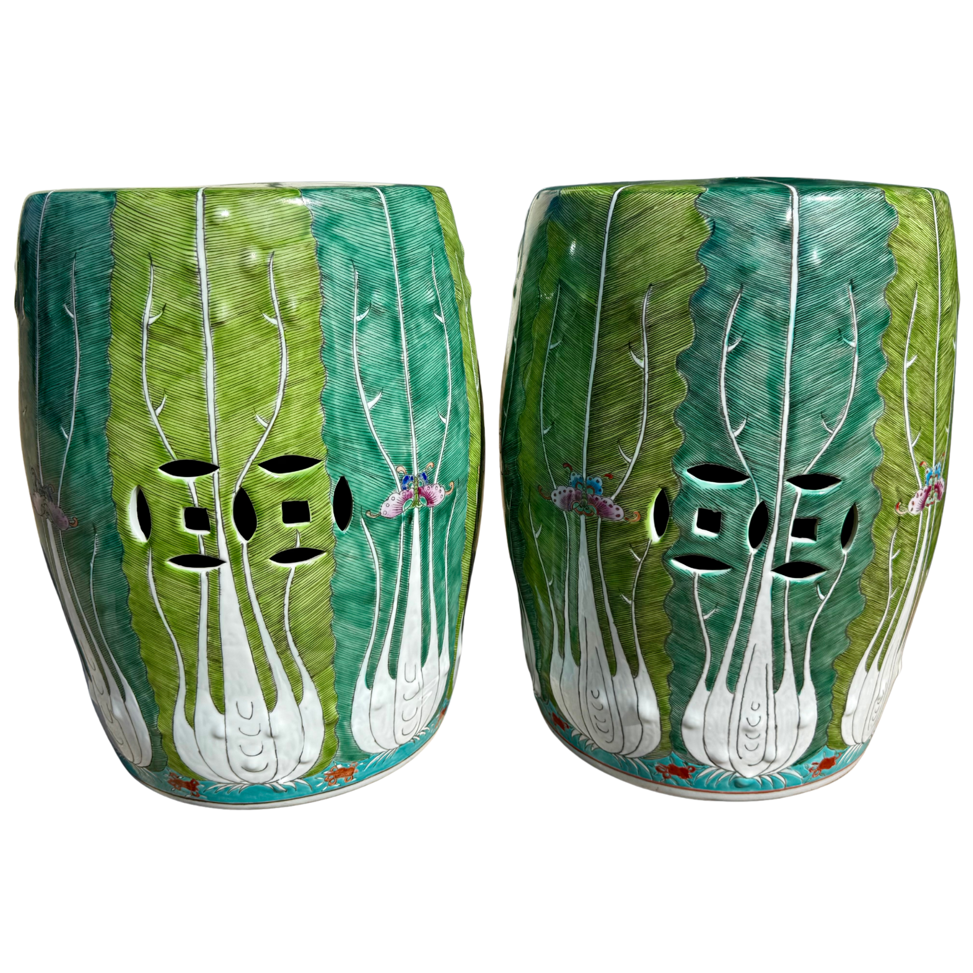 Hand Painted Bok Choy Ceramic Garden Stool - A Pair