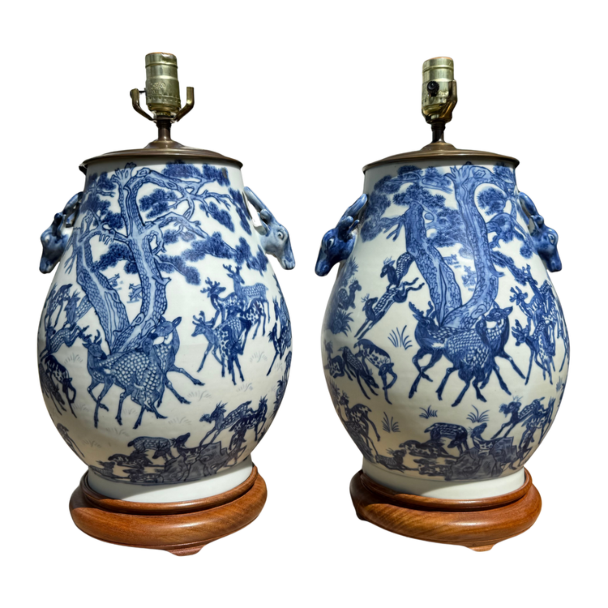 Vintage Blue & White Temple Jar Deer Head Lamps - A Pair
