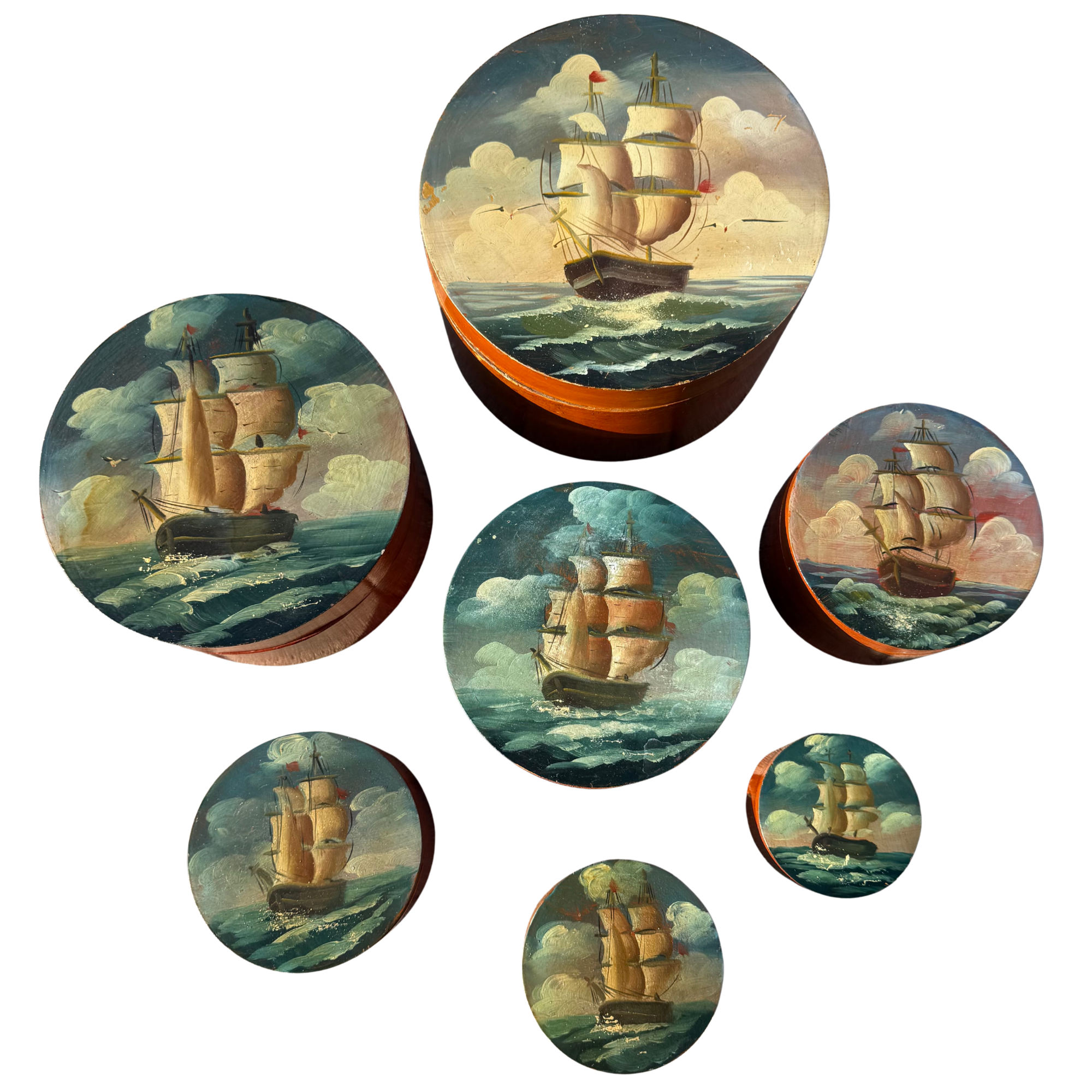 Vintage Hand Painted Schooner Seascape Nesting Boxes  - Set of 7 