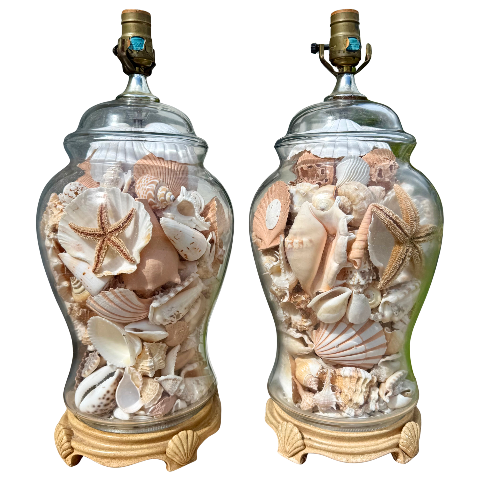 Vintage Seashell Ginger Jar Lamps - A Pair