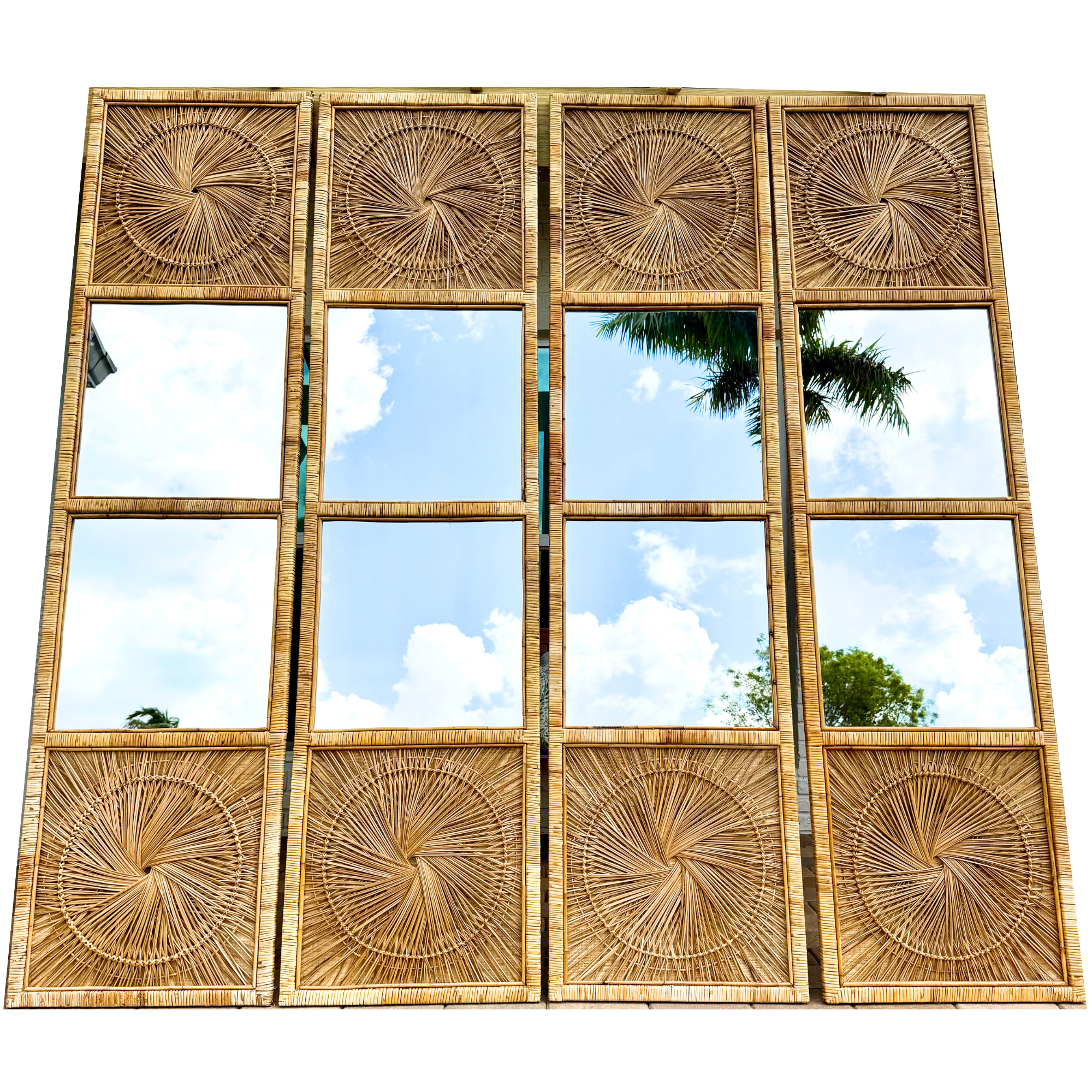 Oversized Coastal Rattan Sunburst Wall Mirrors - Set of 4