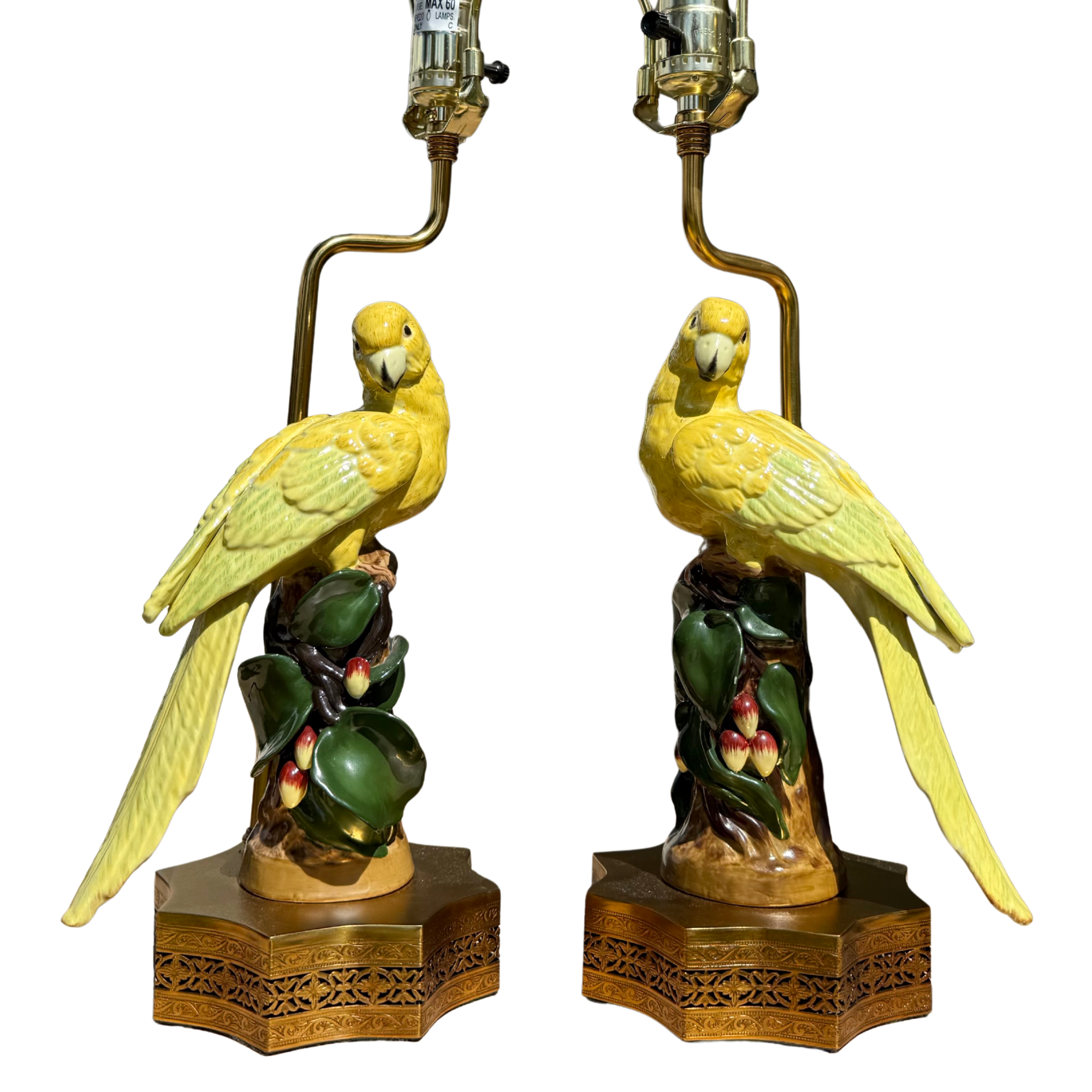 Vintage Yellow Porcelain Parrot Lamps - A Pair