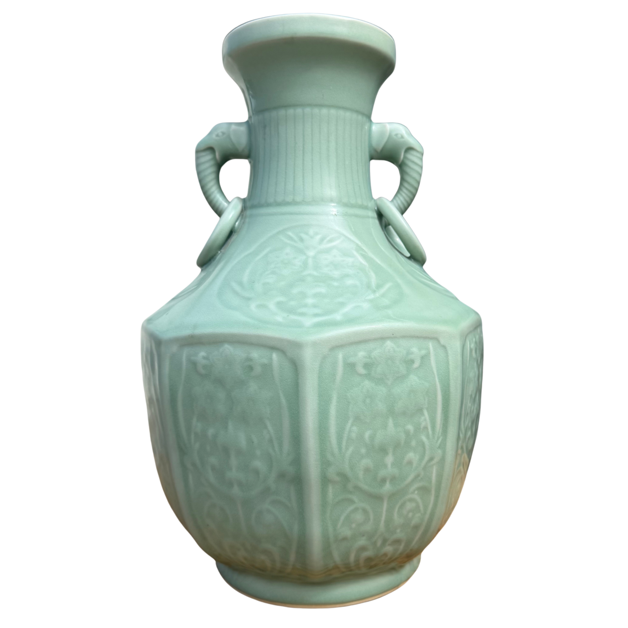 Vintage Chinese Celadon Porcelain Elephant Handle Vase