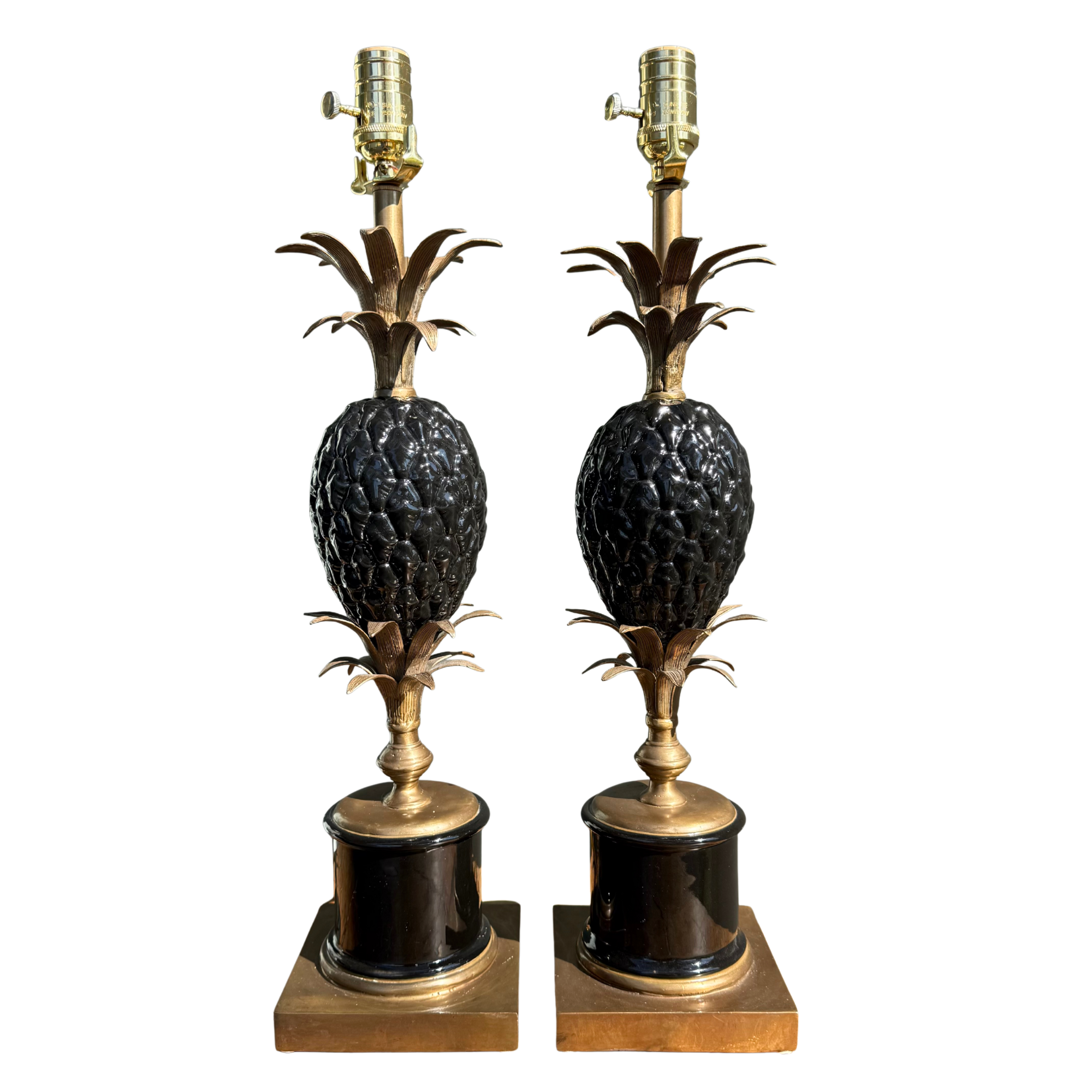Vintage Regency Brass & Ceramic Pineapple Lamps – A Pair