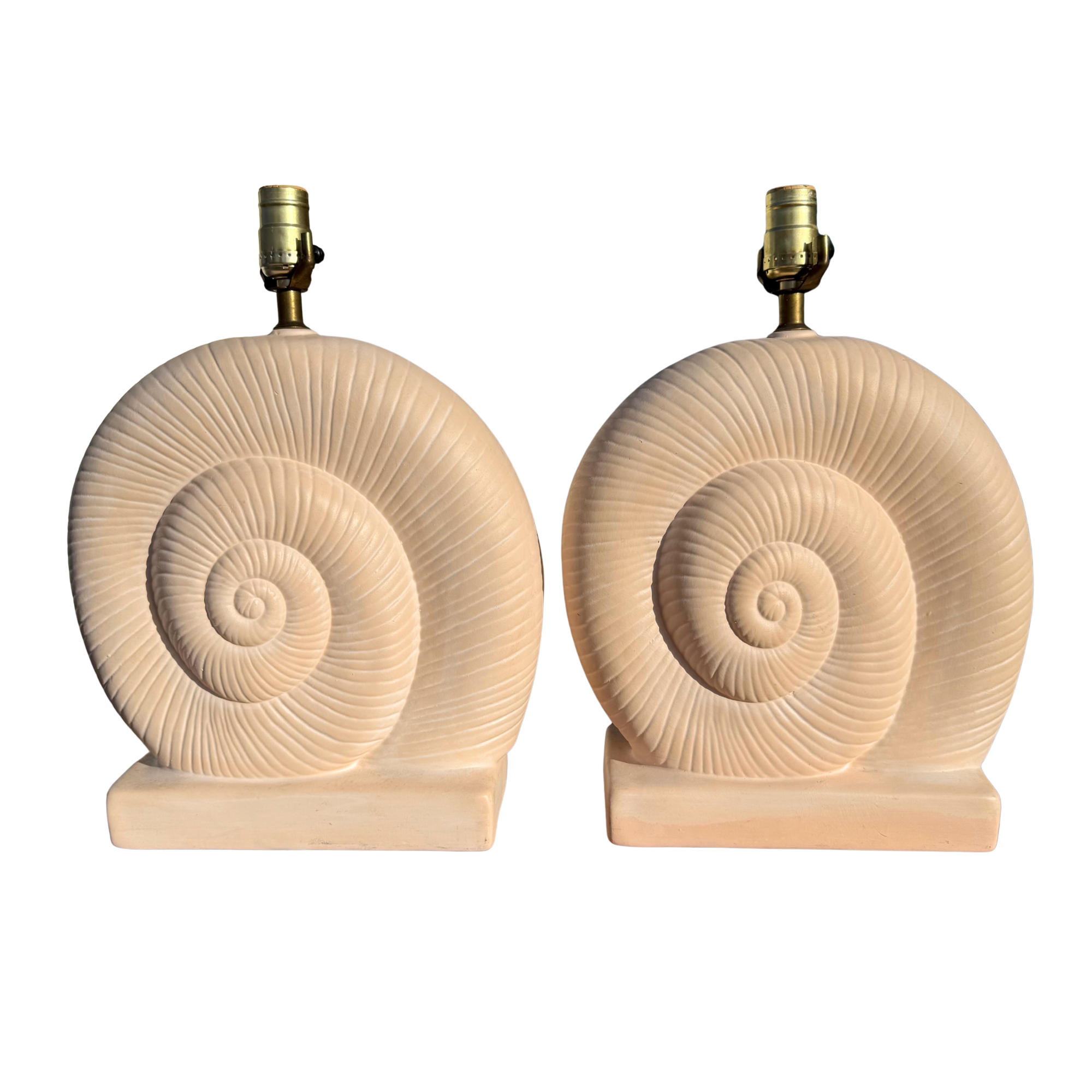 Vintage Peach Plaster Nautilus Shell Lamps - A Pair