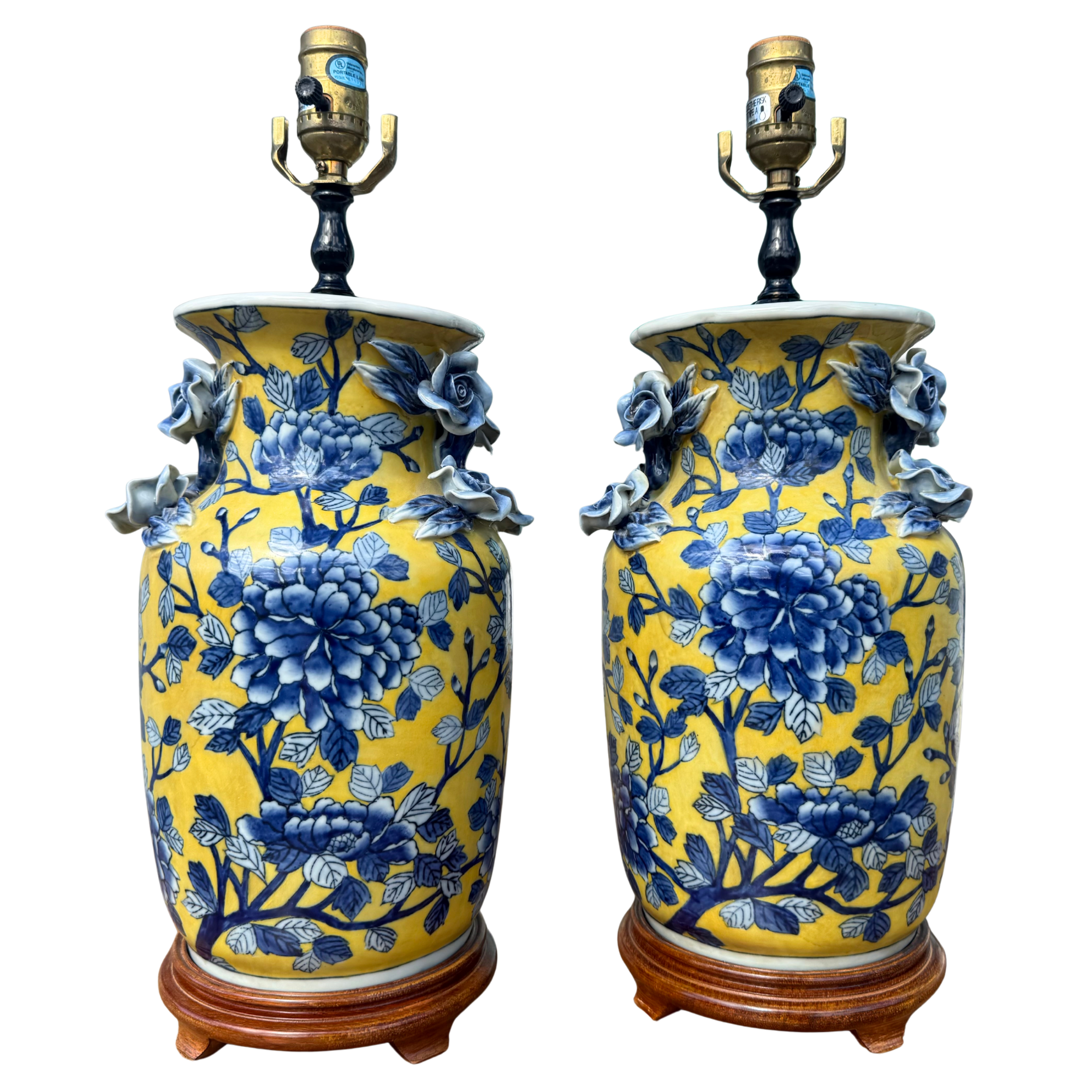Vintage Yellow & Blue Floral Chinoiserie Lamps - A Pair