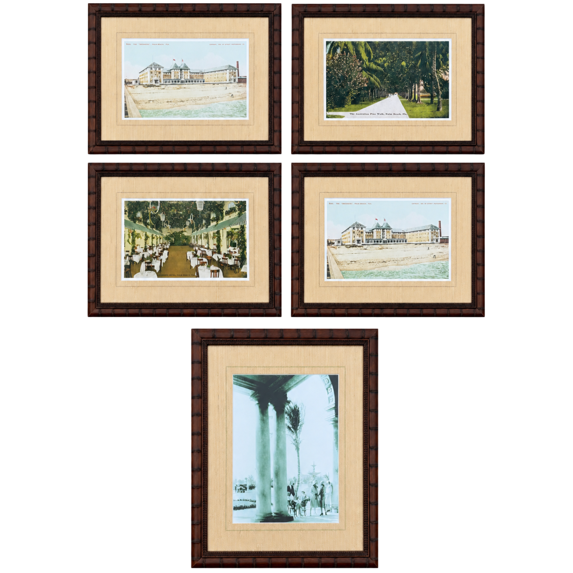 Set of 5 Framed Palm Beach Prints with Grasscloth Mats