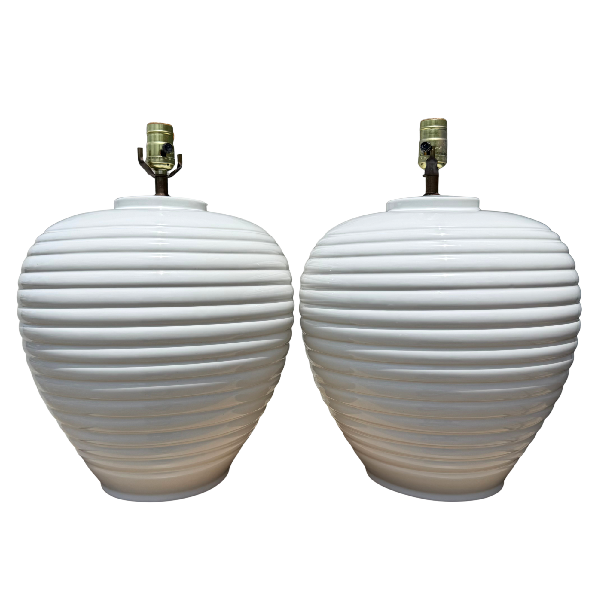 Vintage White Ceramic Ribbed Lamps - A Pair